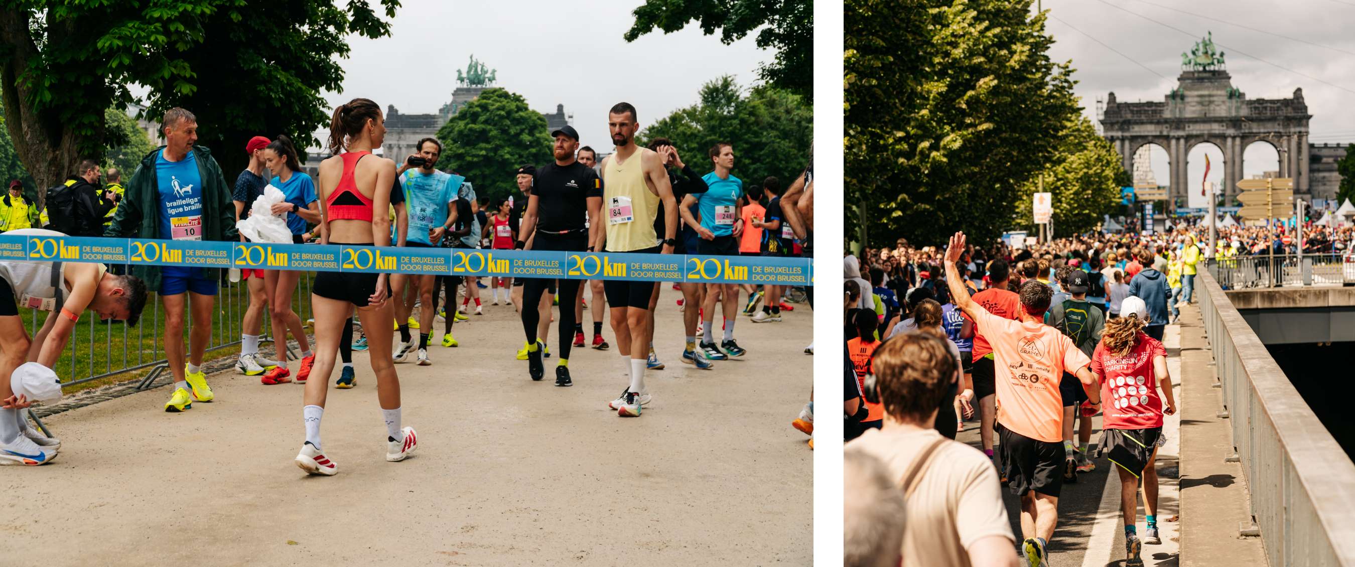Twee beelden: lopers wachten achter de startafsluiting van de 20 km van Brussel; deelnemers lopen langs een brug met publiek richting het Jubelpark in Brussel
