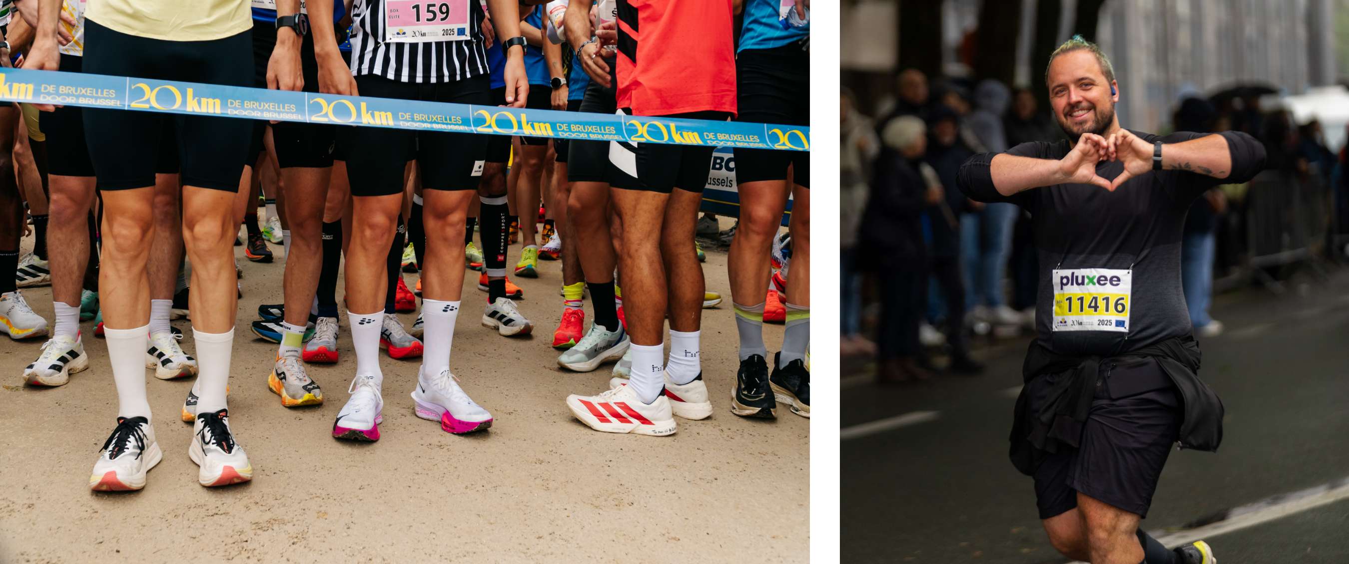 Twee beelden: benen en loopschoenen van deelnemers achter het startlint van de 20 km van Brussel; loper met startnummer 11416 maakt een hartgebaar naar het publiek