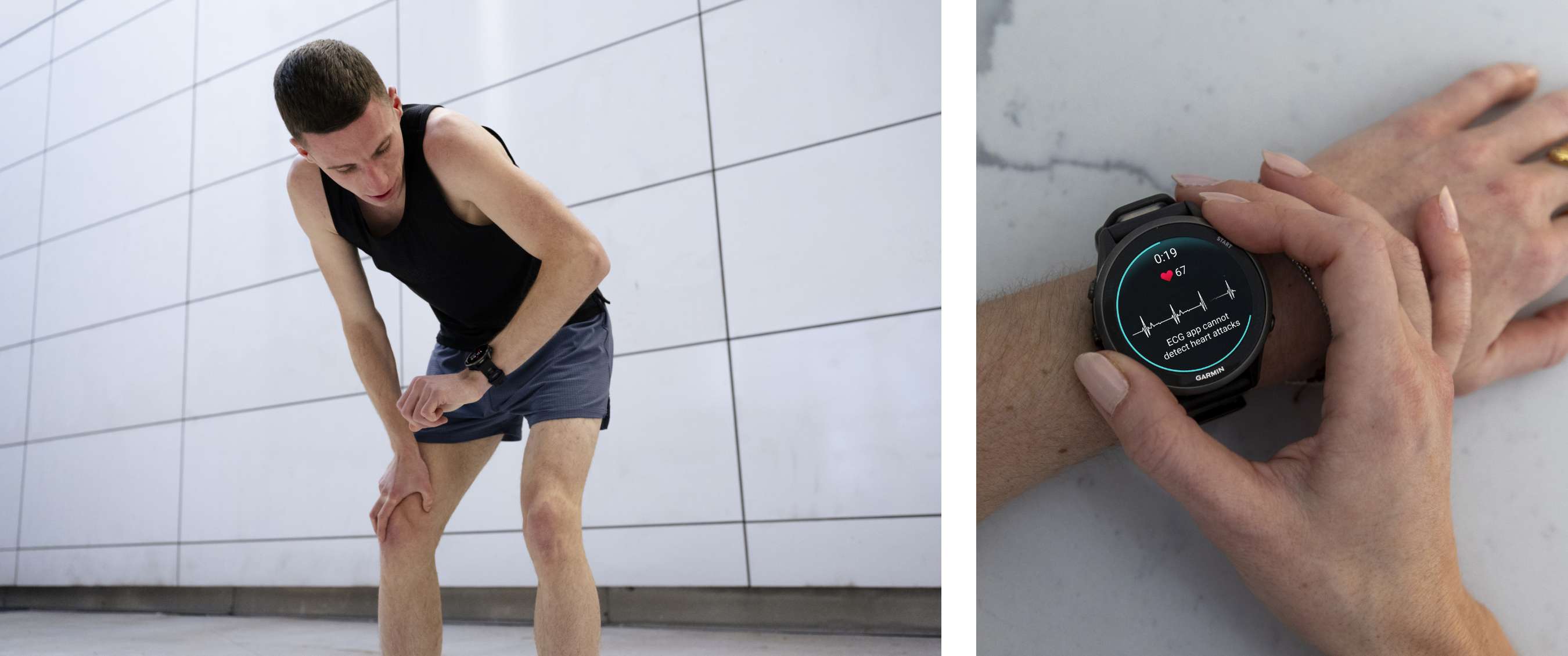 Deux images : Sportif en tenue noire contrôlant une montre Garmin ; gros plan sur la mesure de fréquence cardiaque 61 bpm.