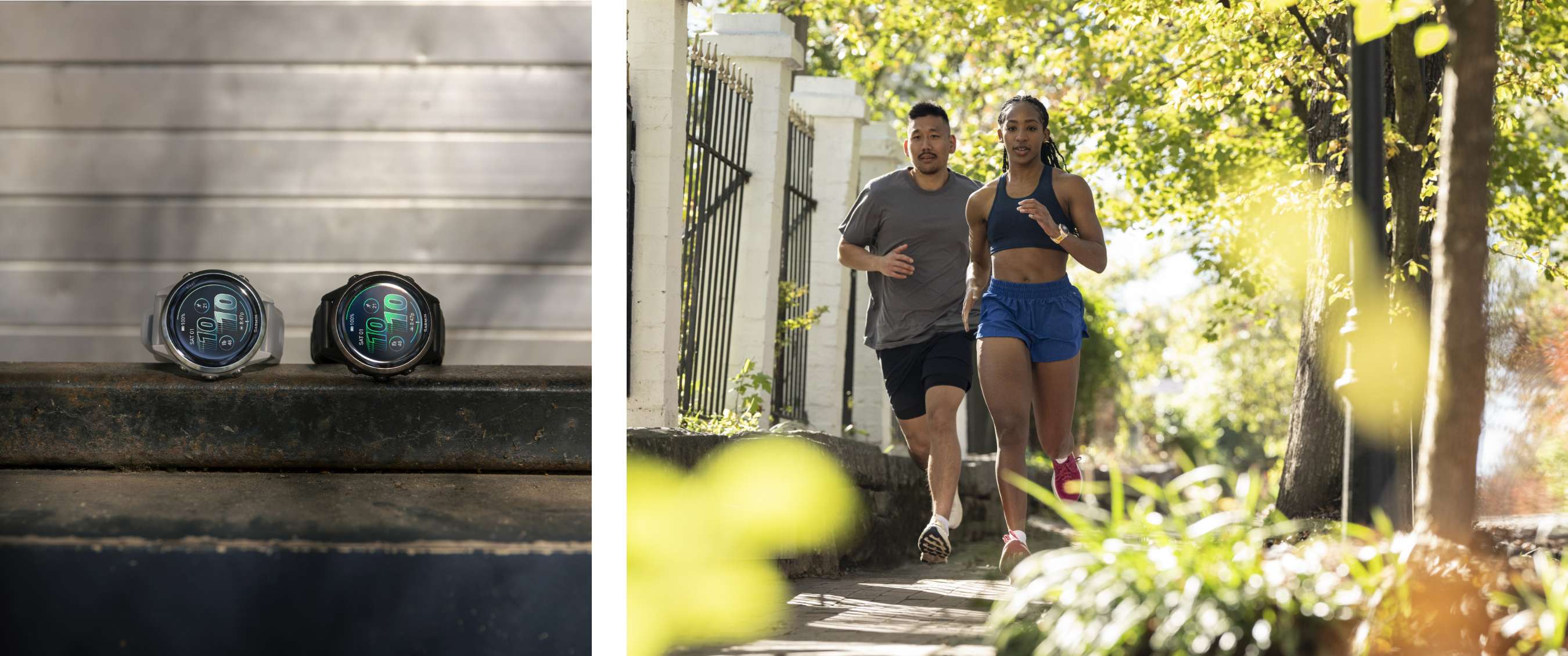 Deux images : Deux montres de sport côte à côte ; coureurs en tenue sportive sur un parcours urbain verdoyant.