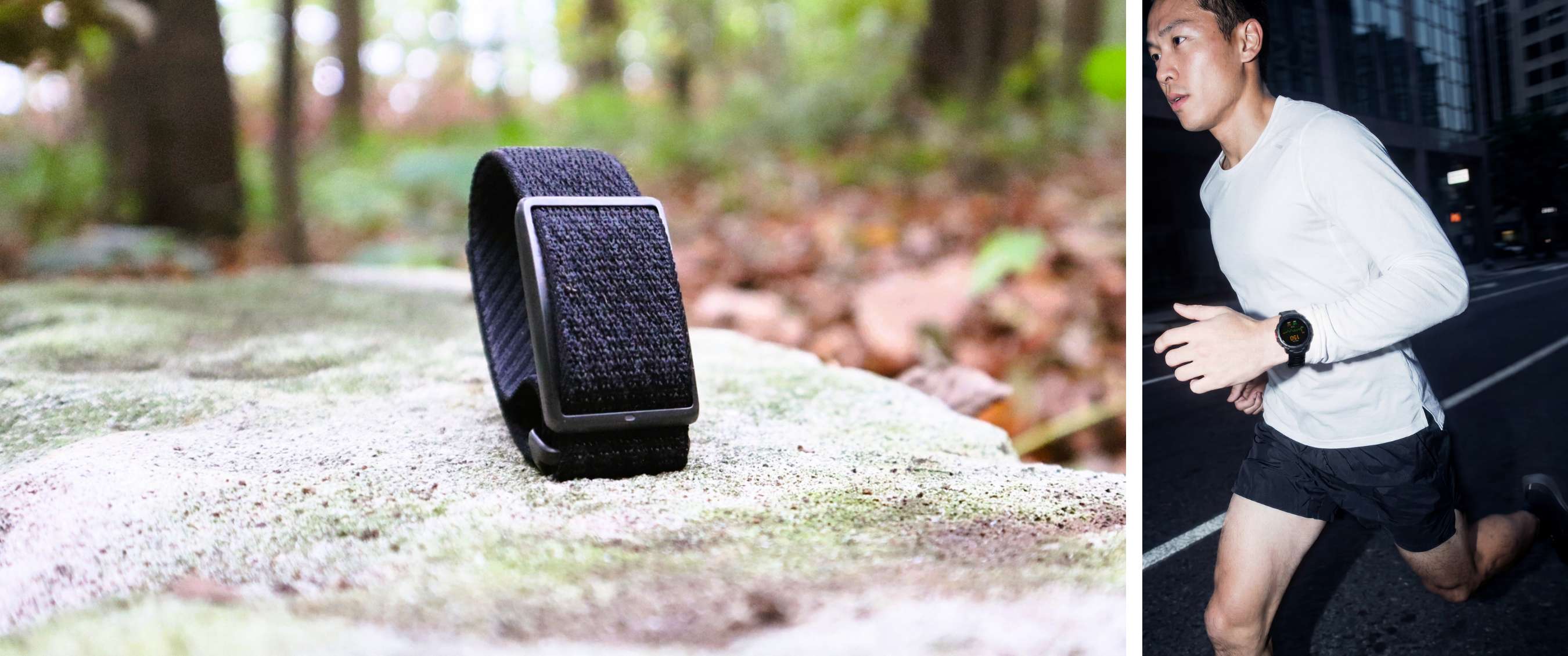 Deux images : montre à bracelet textile dans les bois et coureur portant la montre.