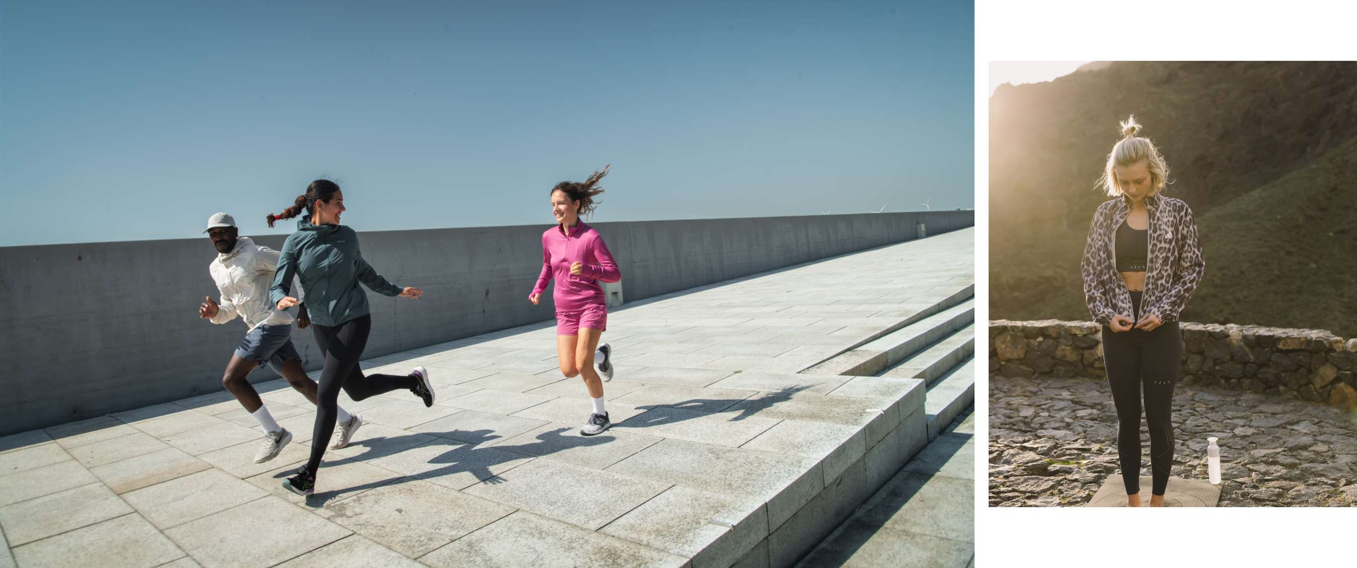 Twee beelden: twee hardlopers in sportkleding; vrouw draagt een jas met luipaardprint op een mat.