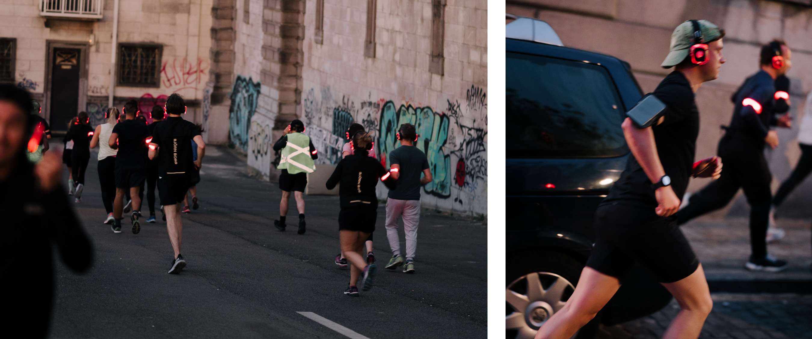 Image à gauche : Un groupe de coureurs court le soir dans une rue urbaine avec des graffitis, tous portant un casque lumineux rouge ; Image à droite : Un coureur avec une casquette et un casque lumineux rouge court le long de voitures garées, suivi par d'autres participants.
