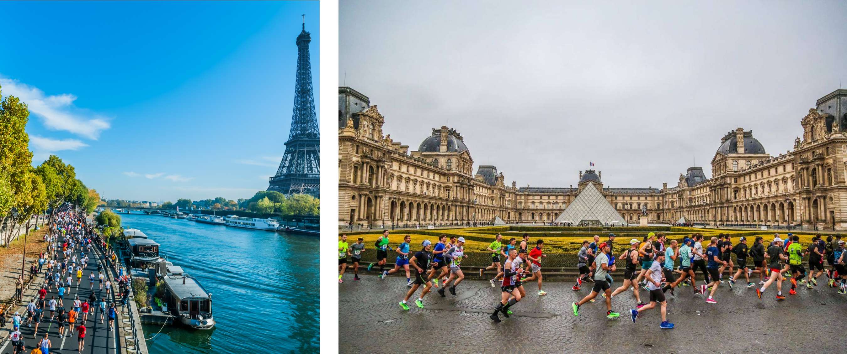 Deux images : parcours de marathon le long de la Seine avec la tour Eiffel visible ; coureurs courant devant le Louvre et sa pyramide à Paris