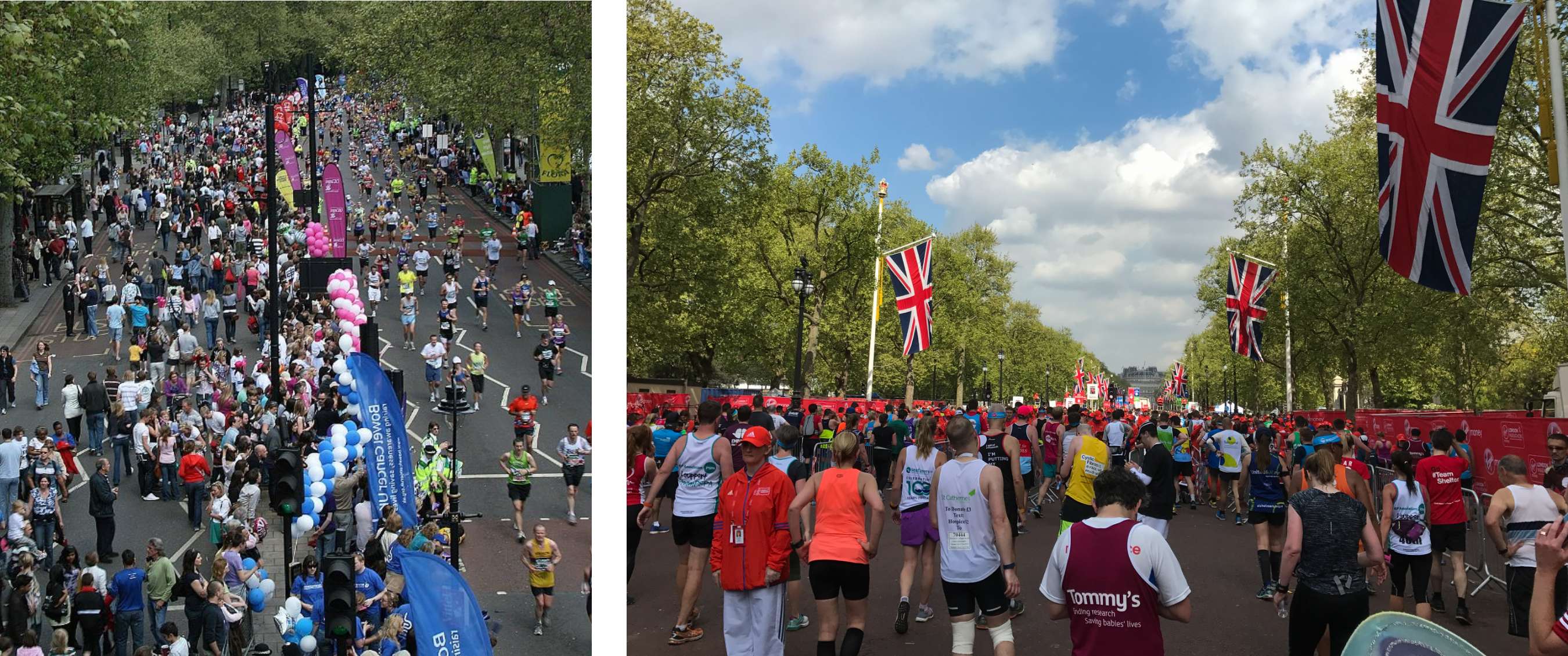 Deux images : marathon urbain à Londres avec de nombreux participants et du public le long de la route ; coureurs marchant et courant vers l’arrivée sur The Mall