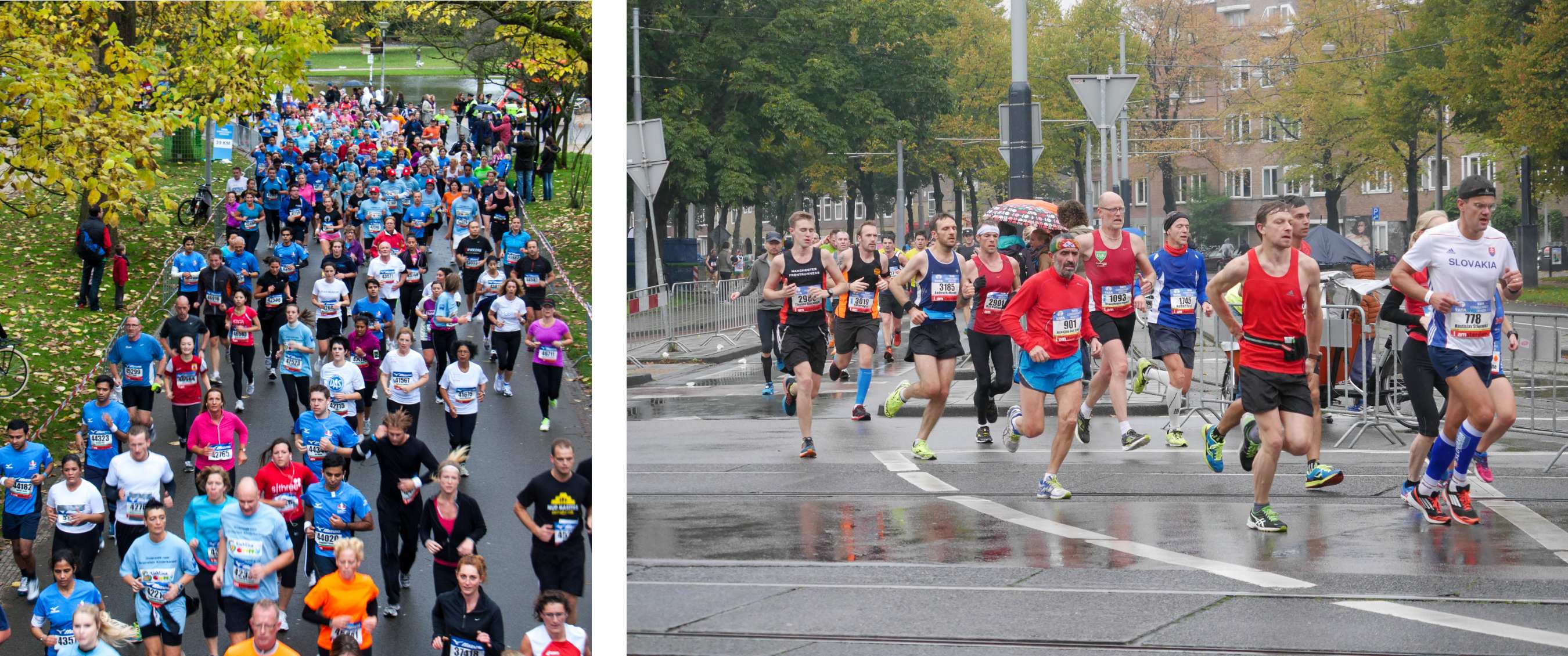 Deux images : marathon urbain très fréquenté avec des participants en tenues variées sur une large avenue ; groupe de coureurs pendant un marathon sous la pluie