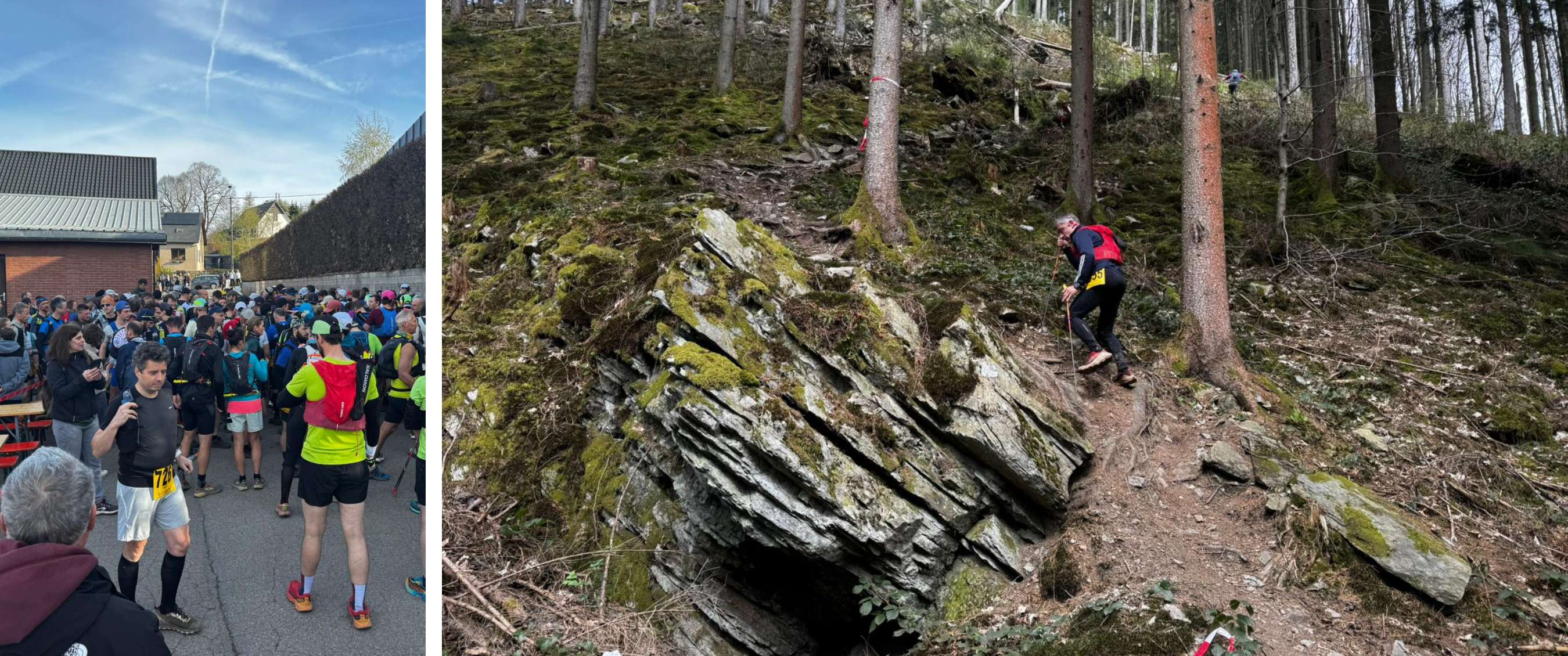 Un coureur avec sac à dos monte un étroit sentier parsemé de rochers et de racines.