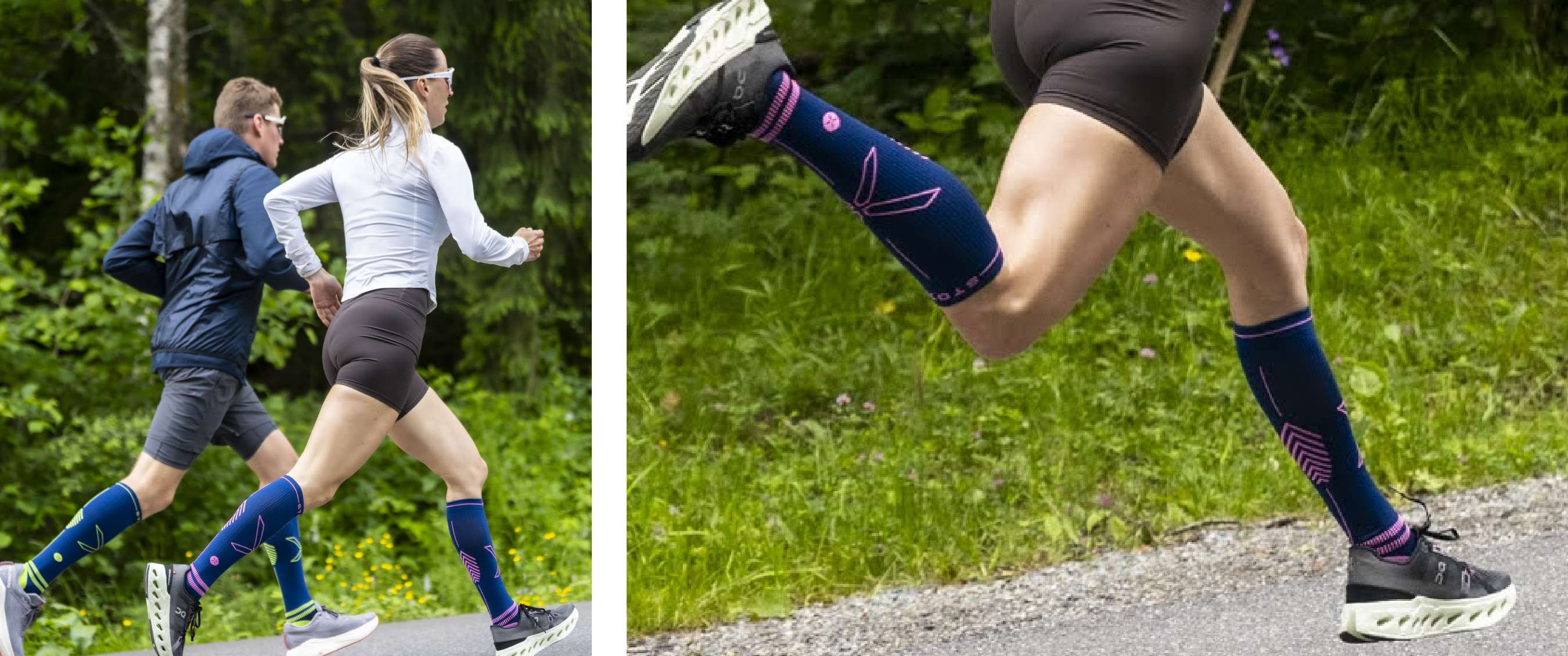 Deux images : duo courant sur un sentier forestier avec chaussettes de course STOX ; gros plan de jambes avec chaussettes de compression STOX