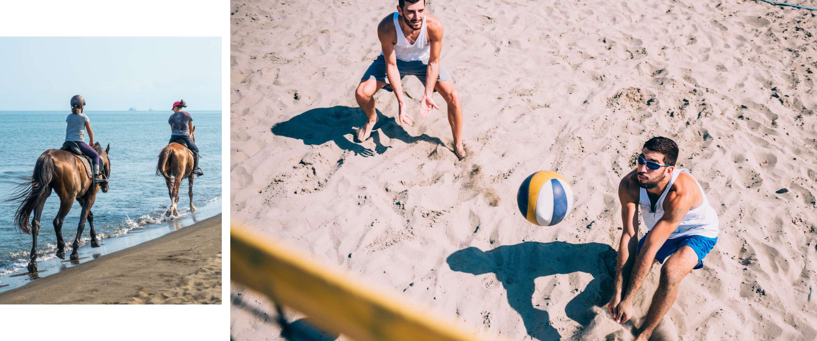 Deux images : deux cavaliers longent la mer ; deux personnes jouent au beach-volley sur le sable.
