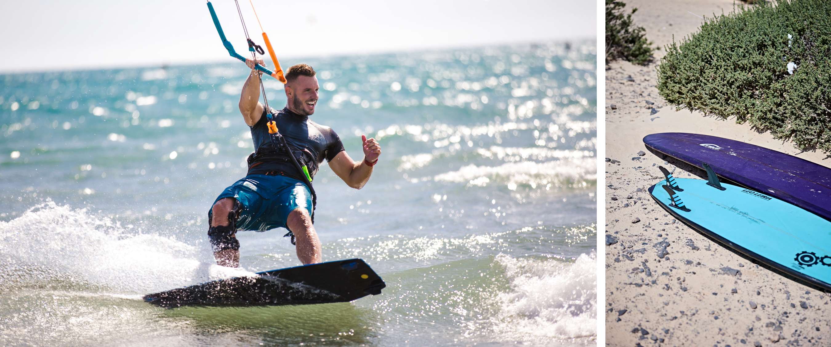 Deux images : un kitesurfeur glisse sur les vagues ; deux planches reposent sur le sable.