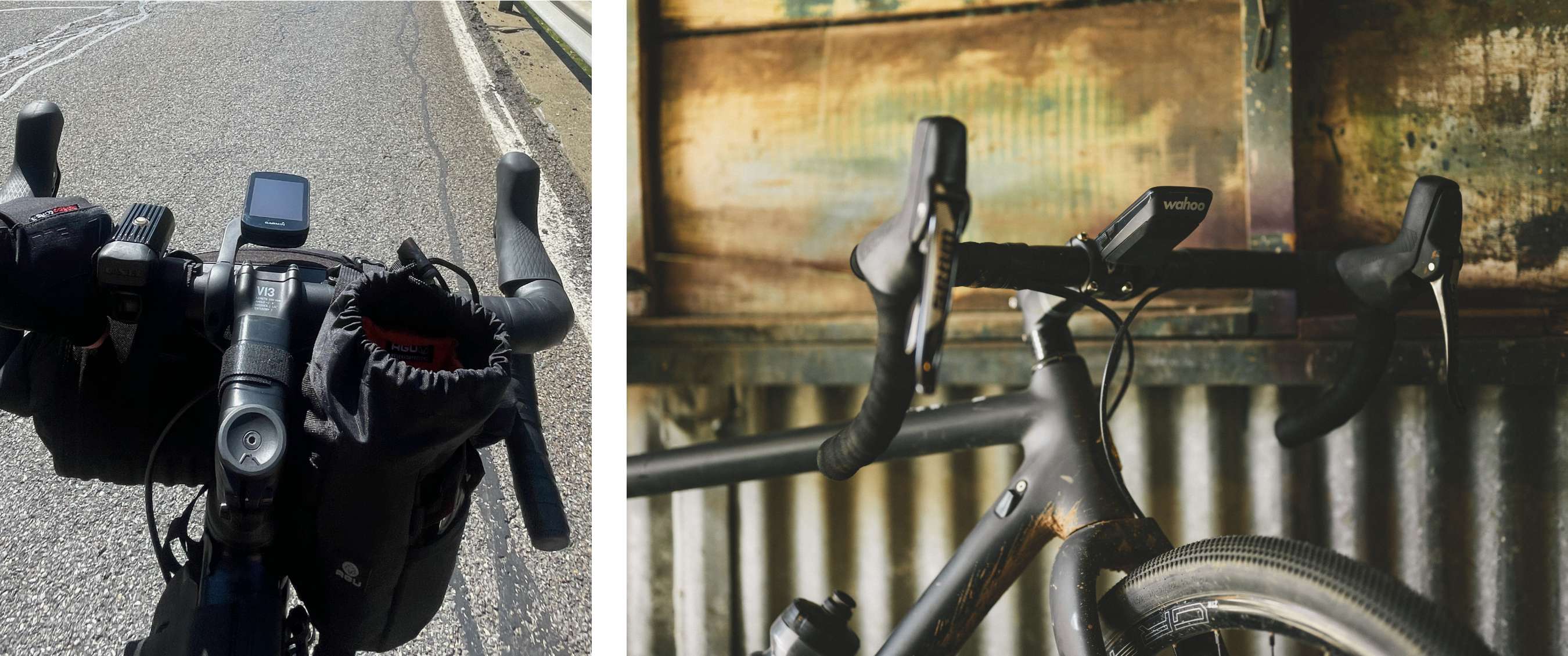 Twee beelden: fietsstuur met gps tijdens een rit op de weg; close-up van een racefiets met gps voor een metalen wand.