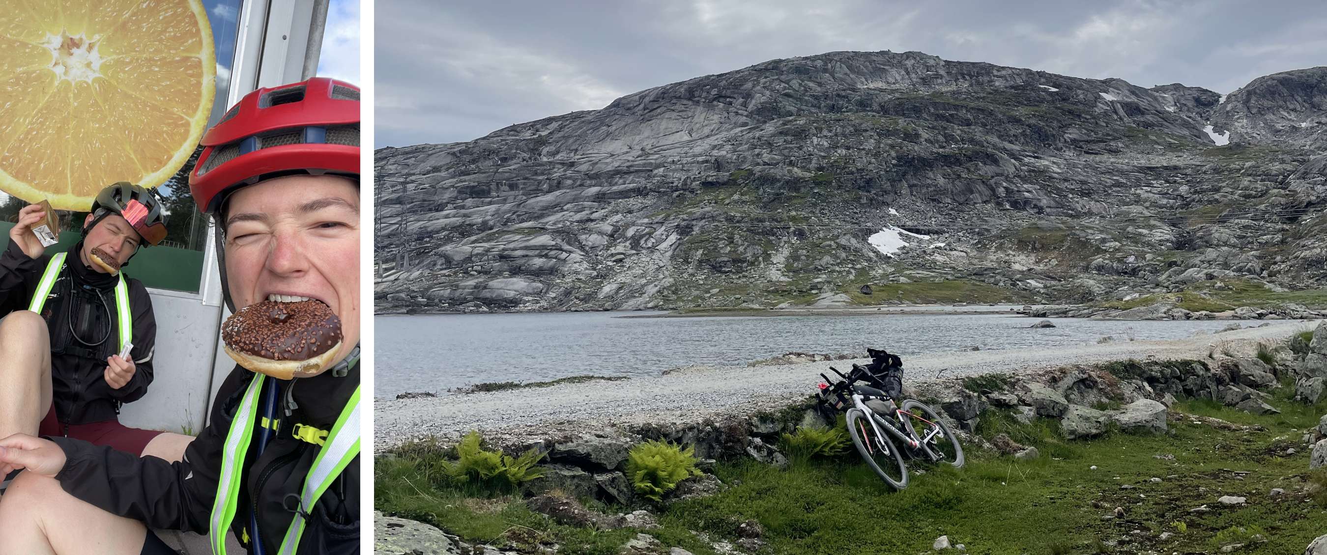 Deux vélos chargés sont appuyés contre un muret près d'un lac de montagne sous un ciel couvert.