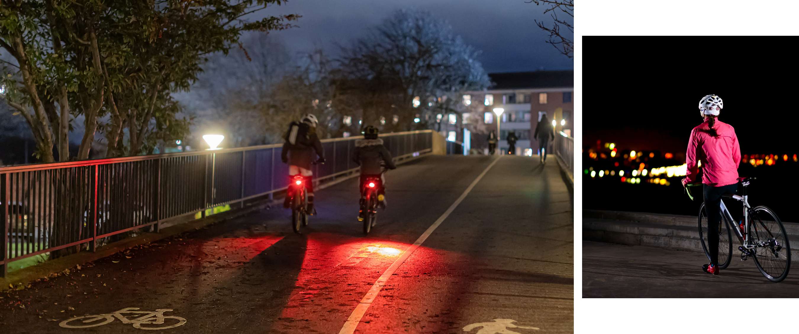Deux cyclistes roulent dans l’obscurité sur une piste cyclable avec leurs feux arrière rouges allumés.