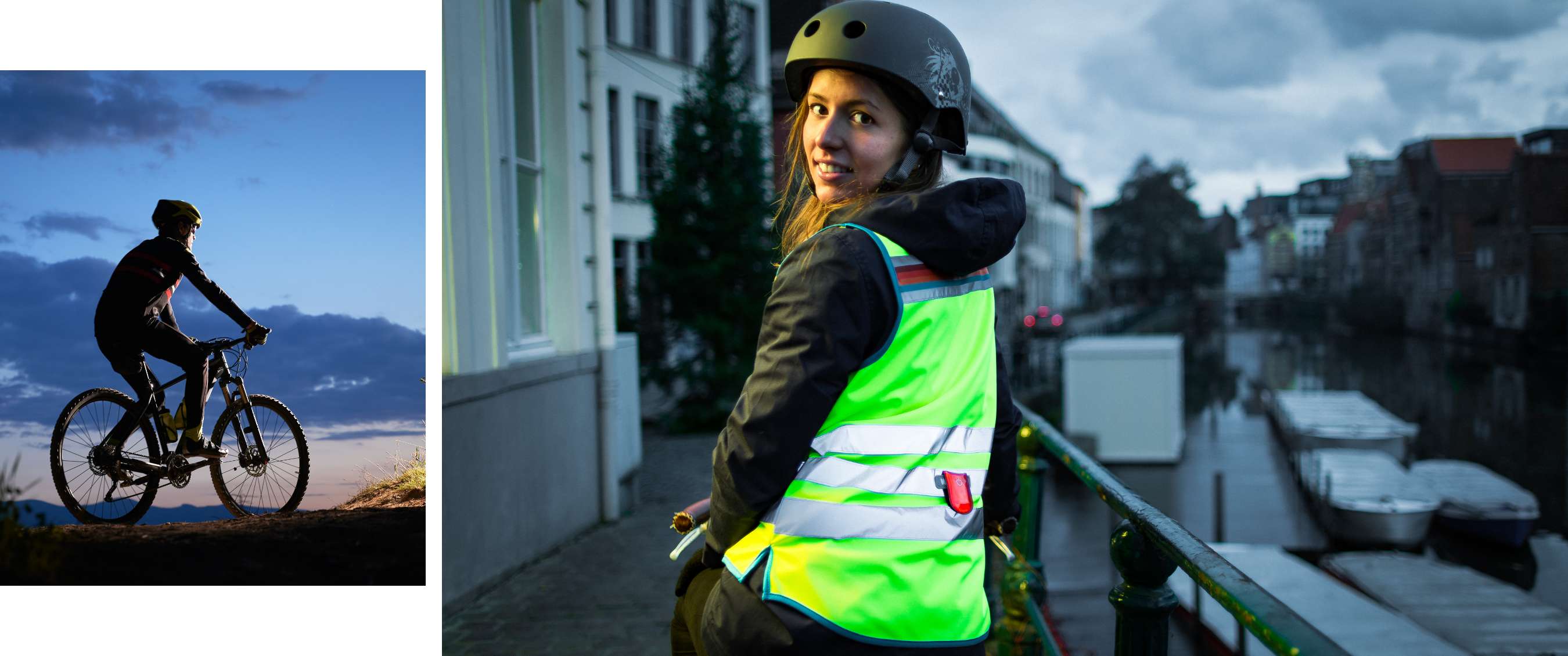 Cycliste avec casque et gilet réfléchissant fluorescent se retourne dans une rue au crépuscule.