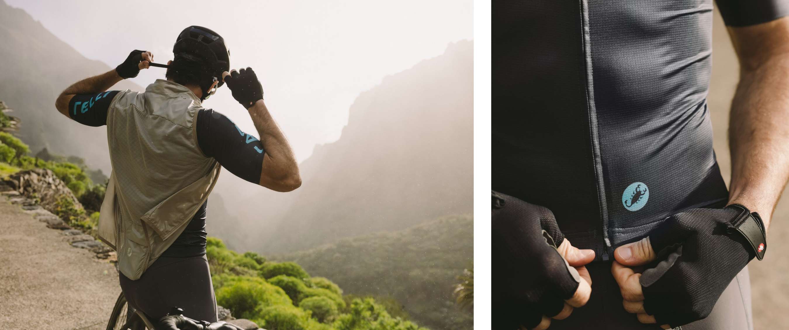 Deux images : cycliste attachant son casque ; gros plan sur un maillot noir à fermeture.