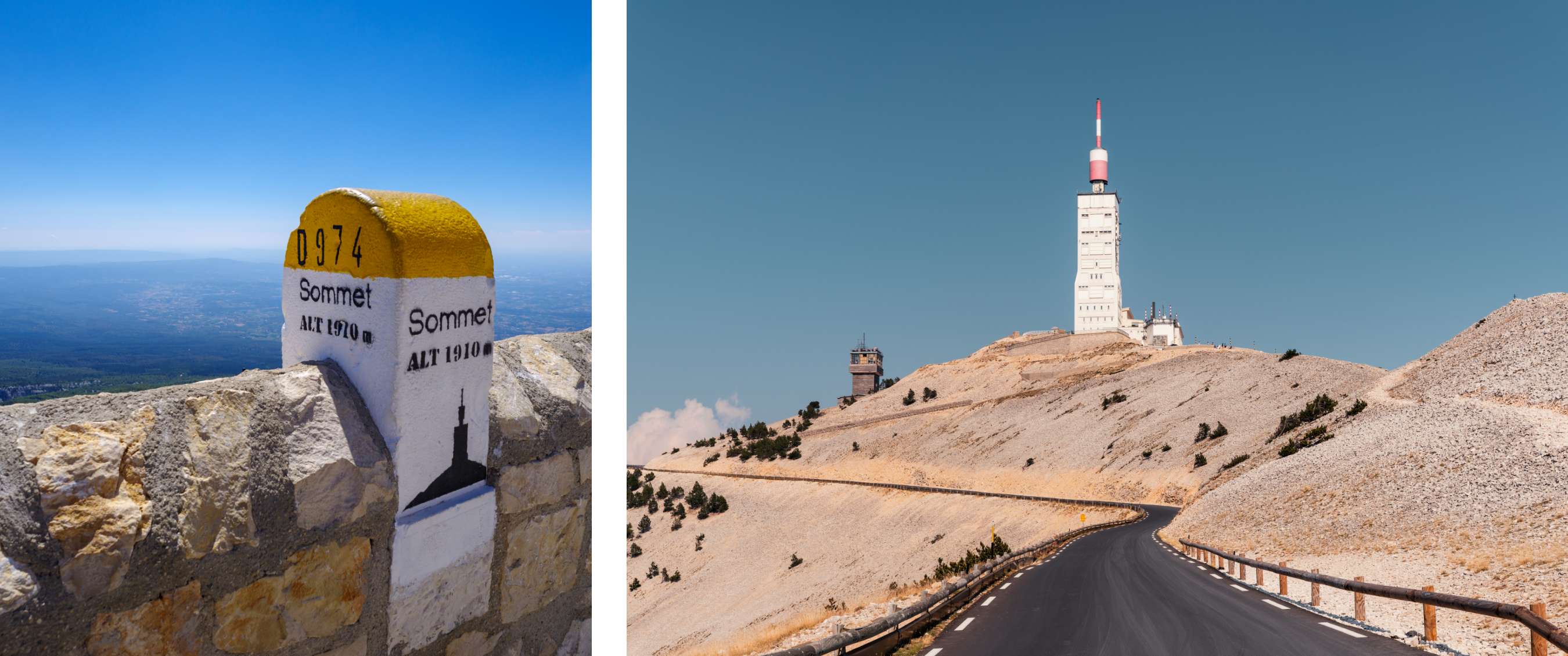 Deux images : borne « Sommet ALT 1910 m » ; route vers une tour sur un sommet nu.