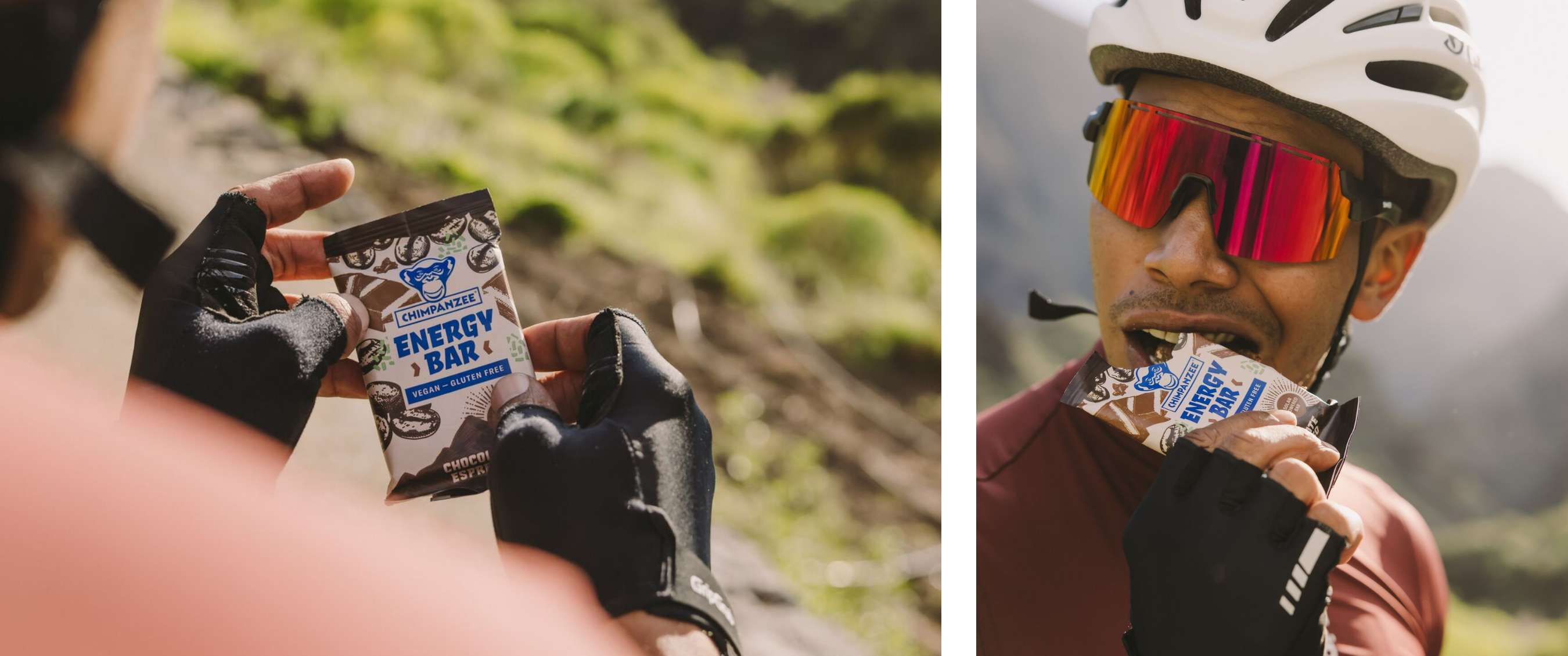 Deux images : gros plan sur une « Chimpanzee Energy Bar » ; cycliste en train de manger.