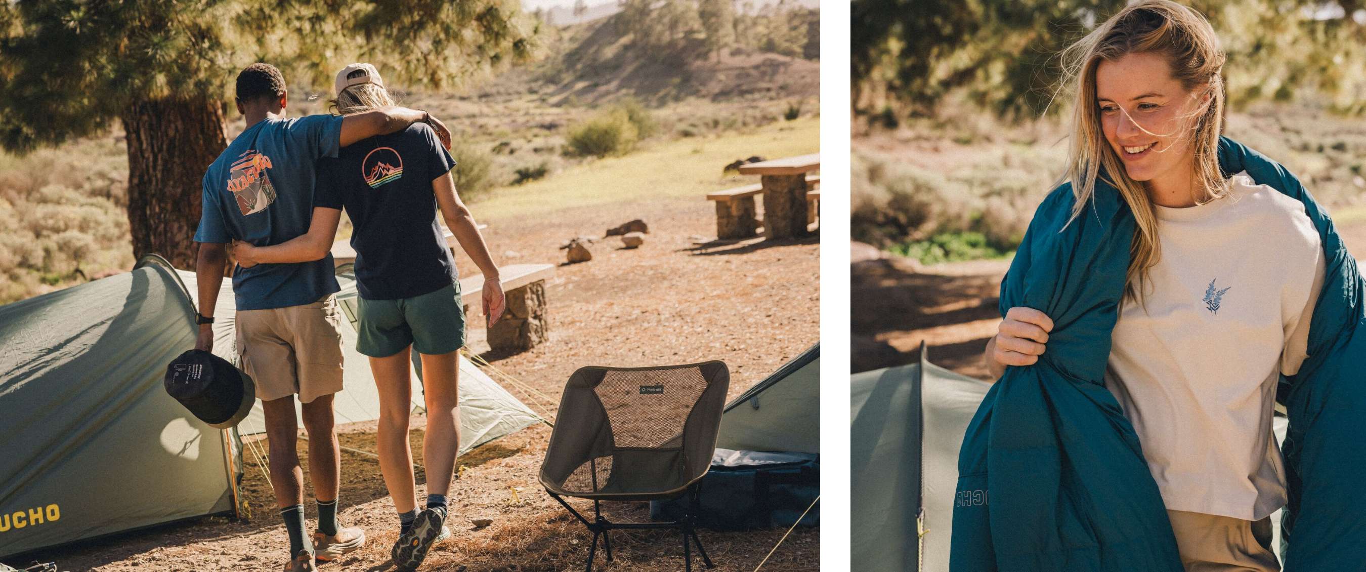 Deux images : deux personnes traversent un emplacement de camping ; femme souriante près d’une tente avec un sac de couchage ouverte sur les bras.