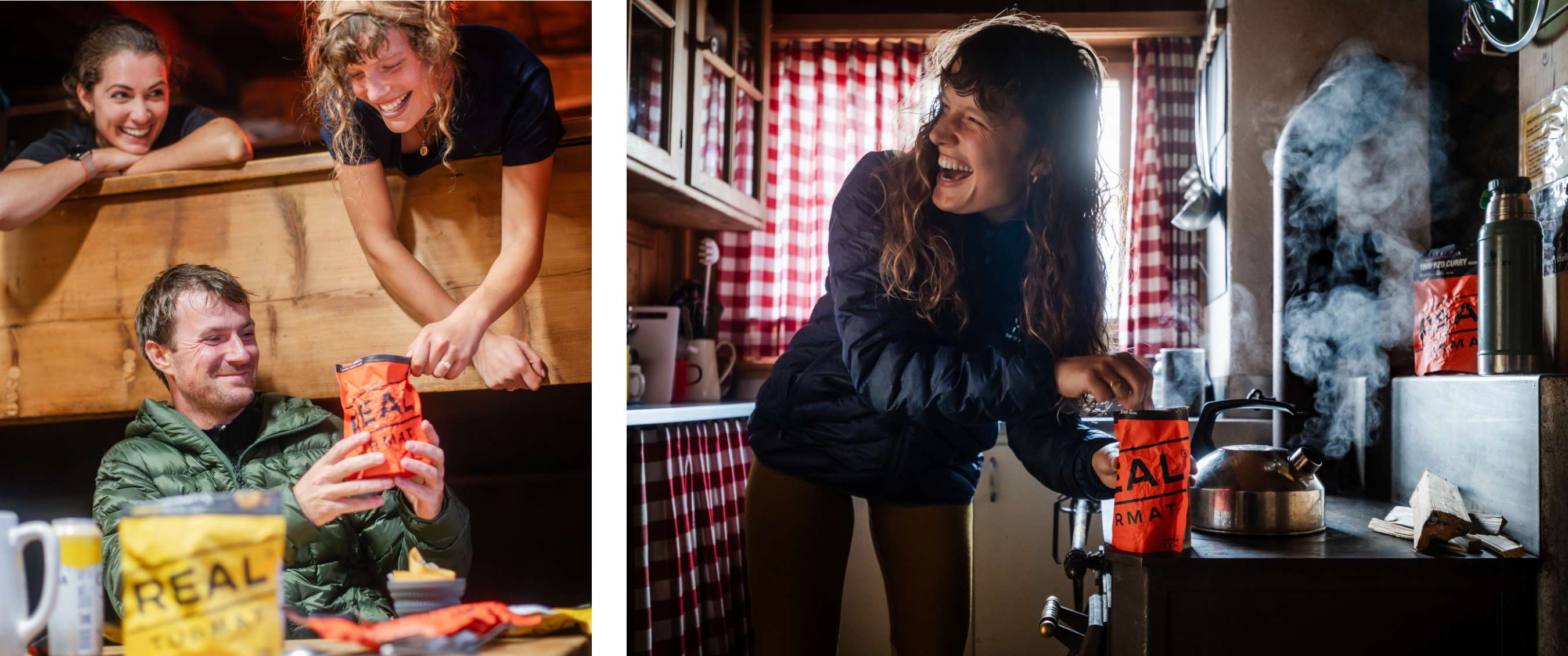 Deux images : des personnes partagent un moment autour d’une table avec un emballage alimentaire visible « REAL Turmat » ; à côté, un sachet « REAL Turmat » se tient près d’une bouilloire sur une plaque chauffante.