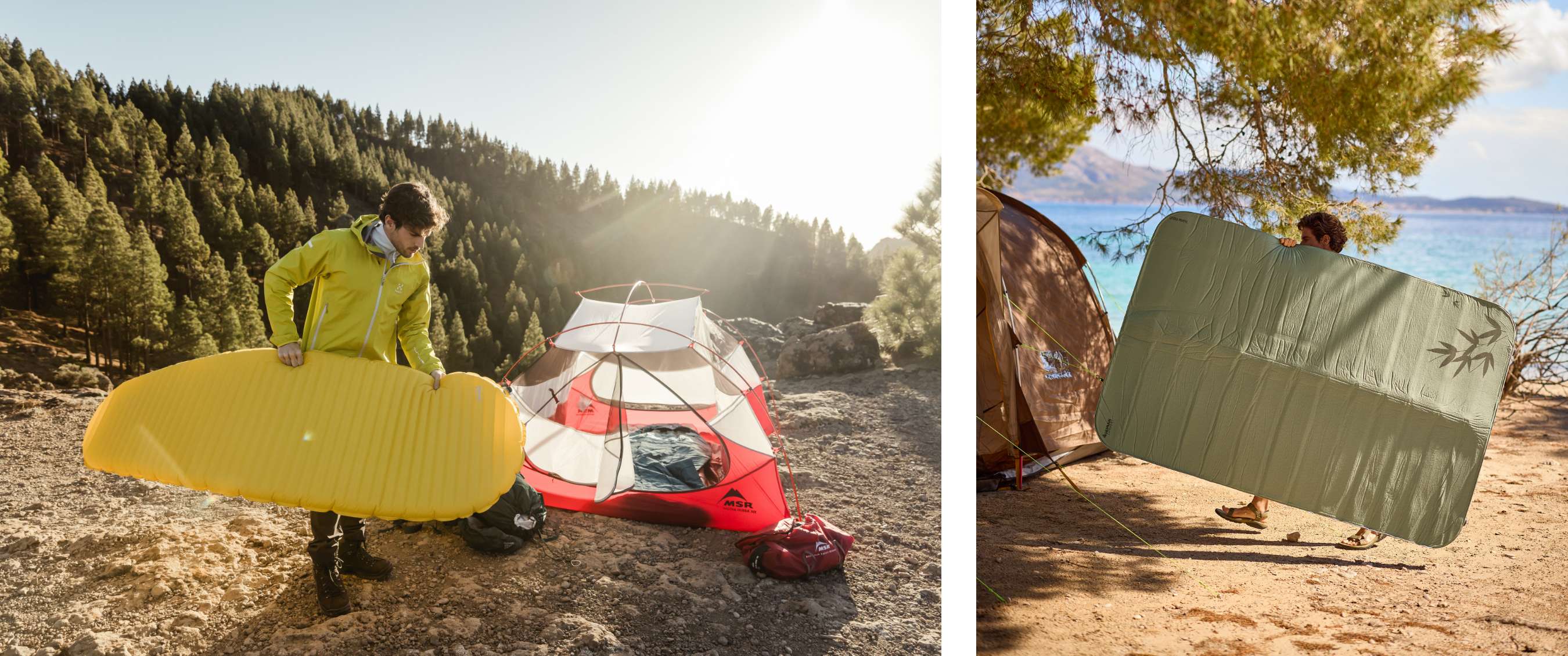 Twee beelden: slaapmat wordt uitgelegd naast een rode tent; persoon loopt met groene slaapmat tussen bomen