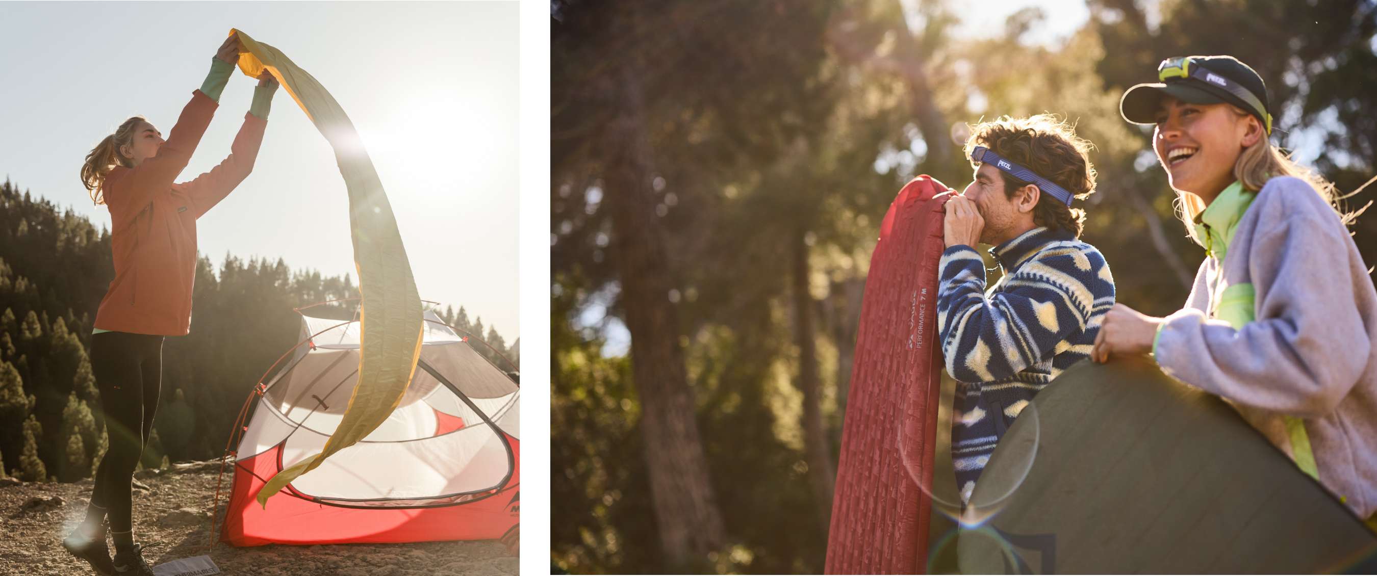 Twee beelden: vrouw schudt een gele slaapmat uit naast een tent; twee kampeerders blazen slaapmatten op