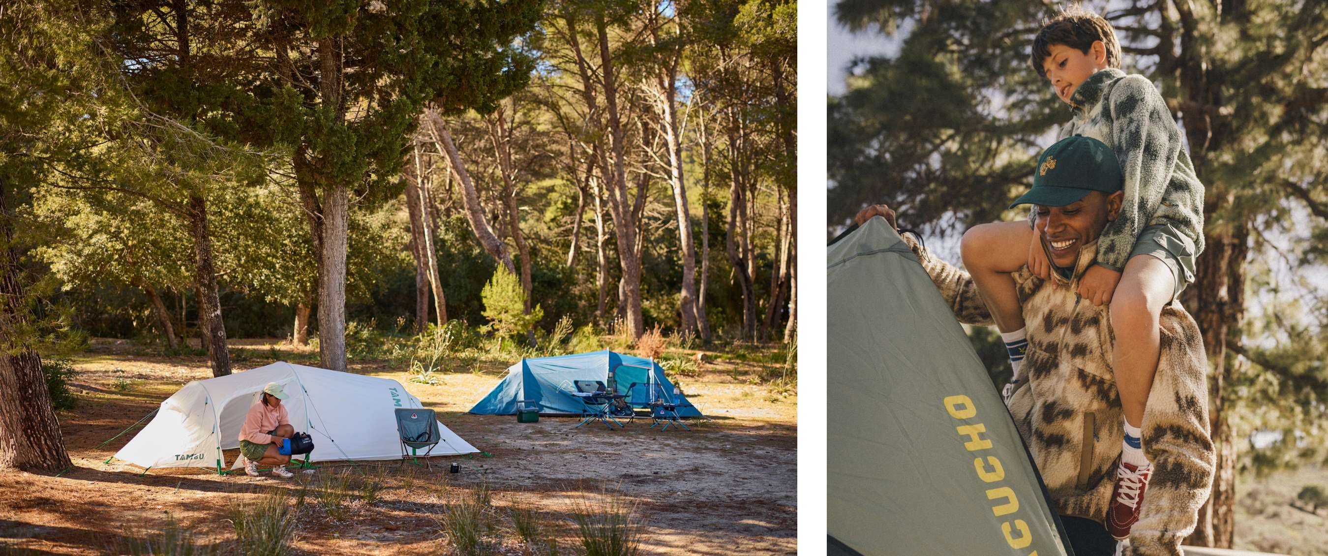 Deux images : emplacement de camping avec deux tentes dans une forêt ; adulte portant un enfant près d’une tente verte