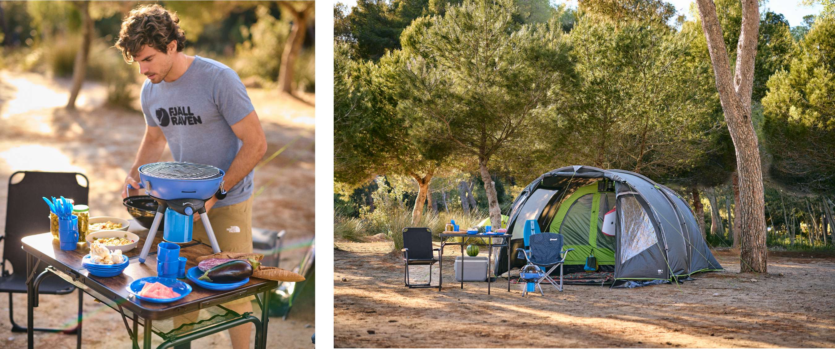 Deux images : table de camping avec vaisselle et barbecue portable ; tente spacieuse entre les arbres avec équipement devant