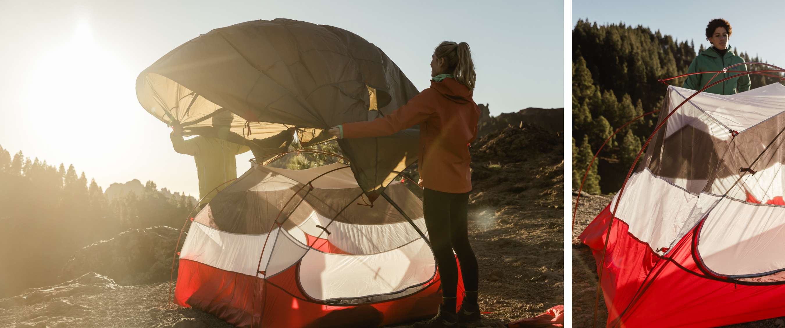 Twee beelden: persoon zet tentdoek op bij zonlicht; persoon bevestigt tentstokken aan een tent.