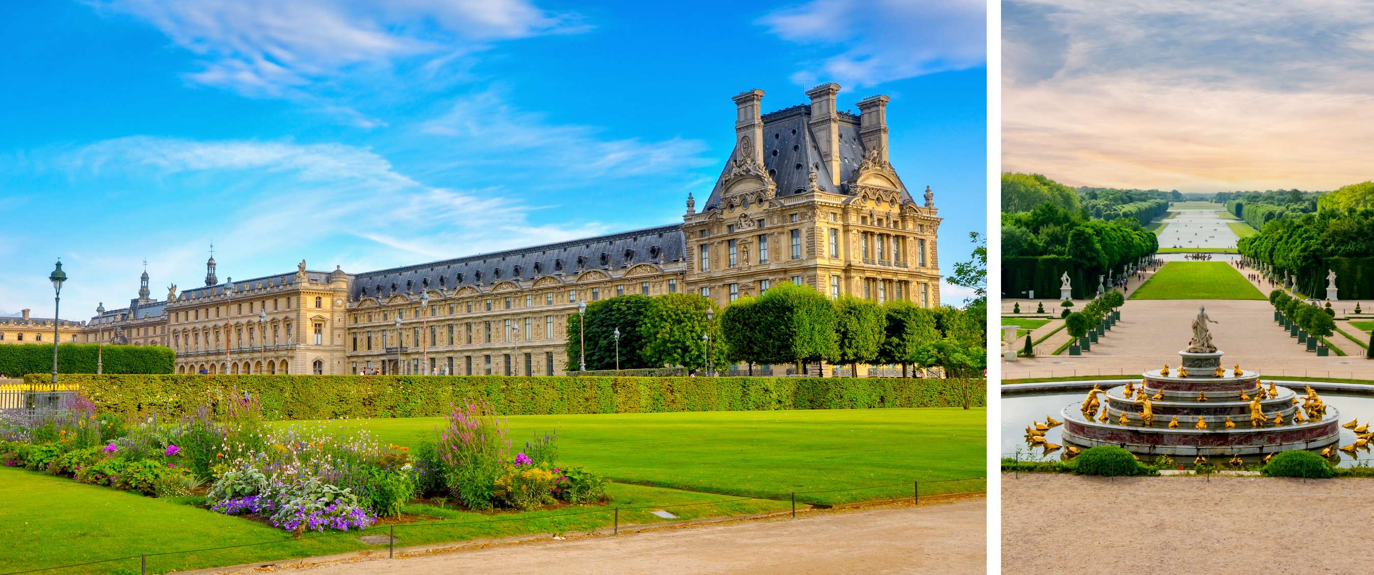 Deux images : façade du Louvre avec pelouse et fleurs ; jardin symétrique avec fontaine et rangées d’arbres