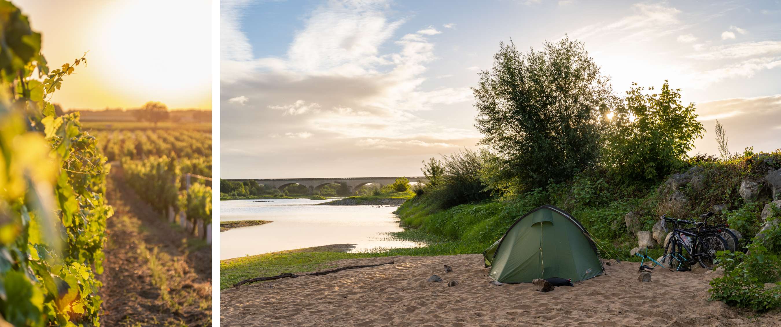 Deux images : vignoble au coucher du soleil ; emplacement au bord de la rivière avec tente et vélos