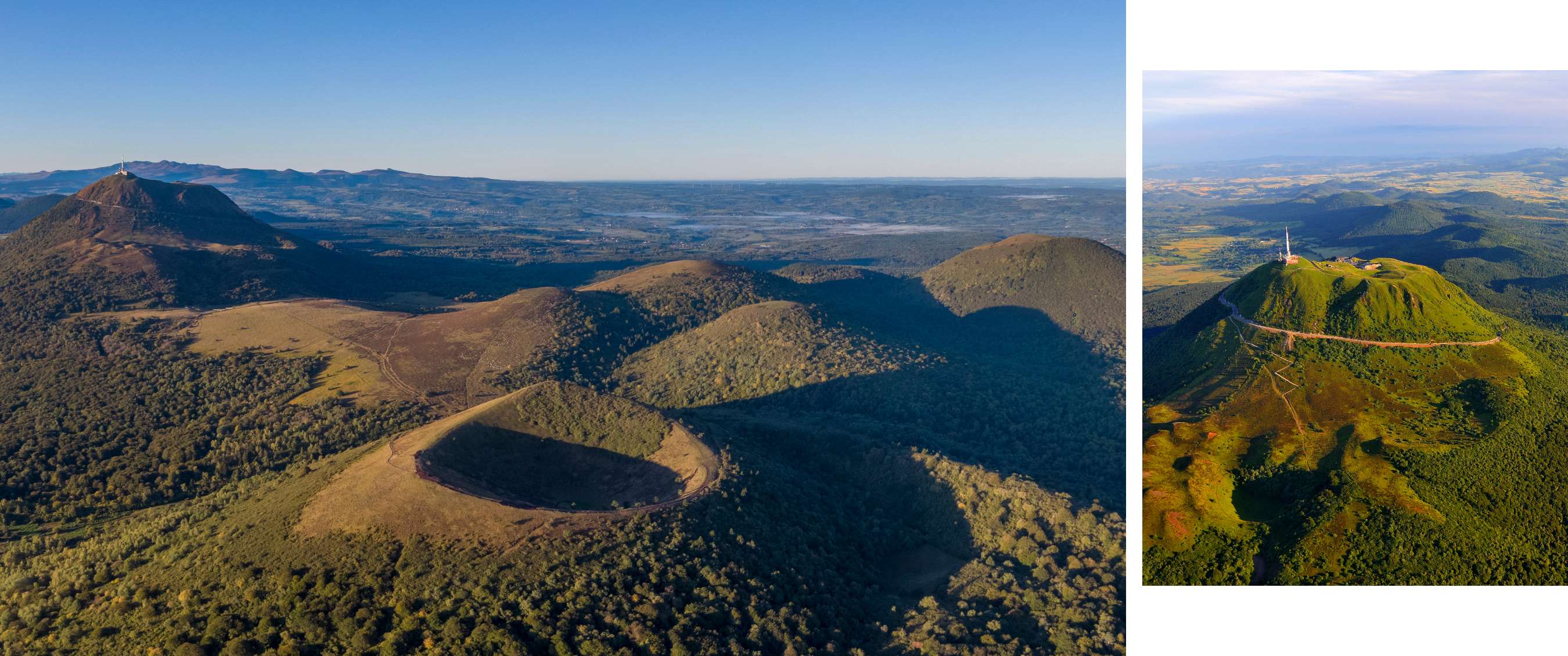 Deux images : paysage de collines rondes et cratères ; vue aérienne d’une colline avec route et pylône
