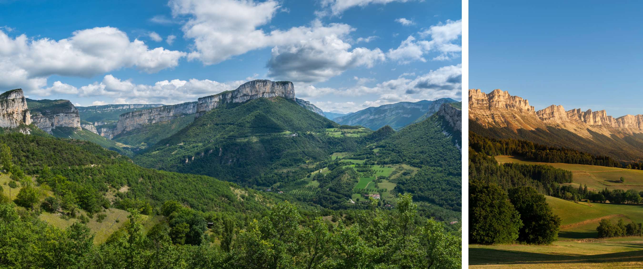 Deux images : paysage montagneux avec forêts et falaises ; lumière du soleil sur une arête rocheuse au-dessus des champs
