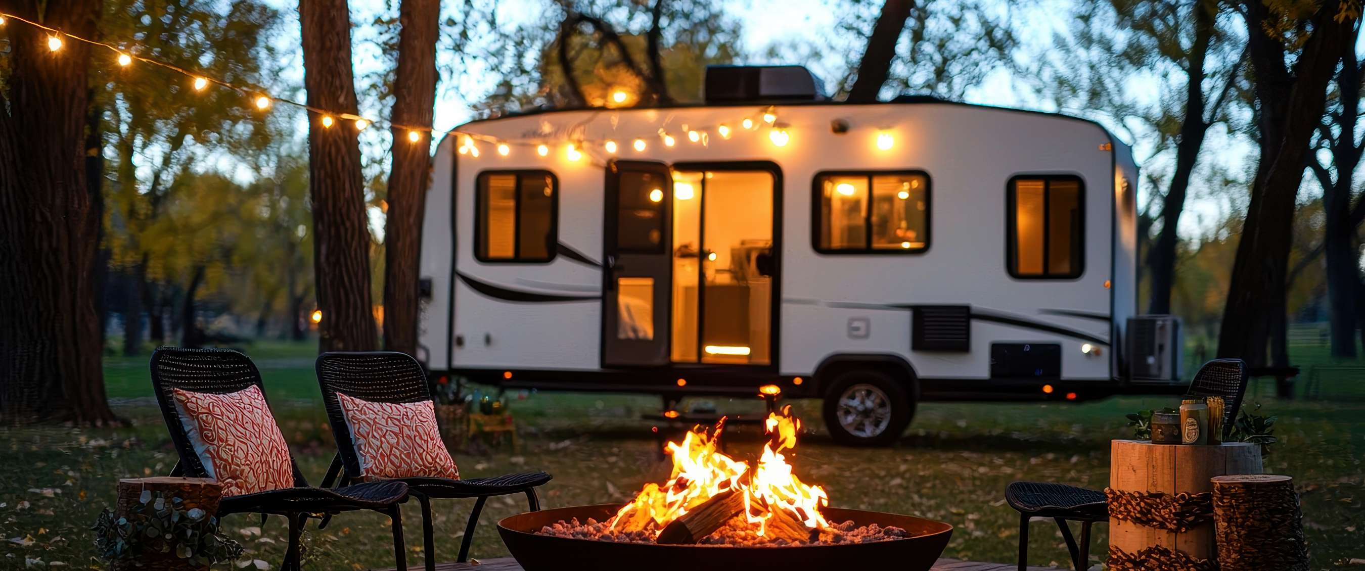 Caravane entre arbres avec feu de camp, chaises et éclairage du soir