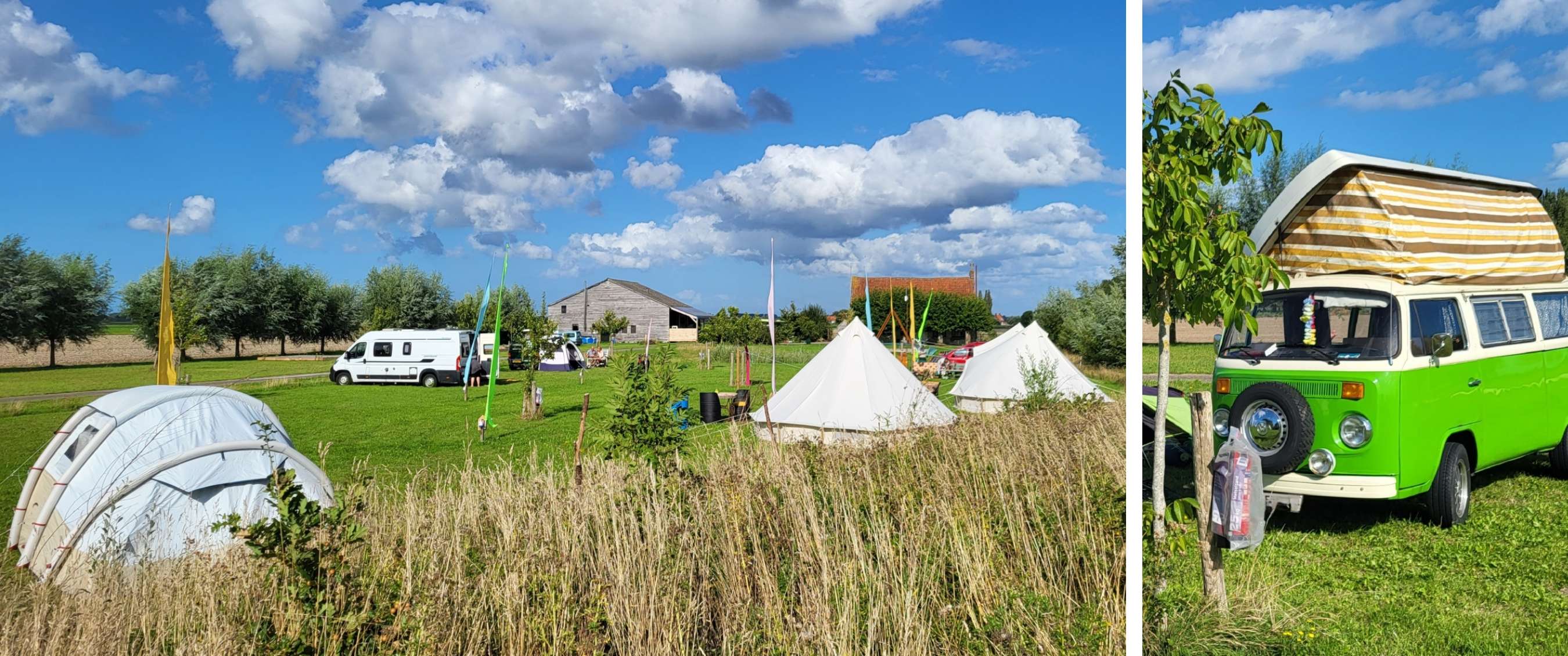 Deux images : terrain de camping avec tentes et camping-car ; van rétro vert avec toit relevé