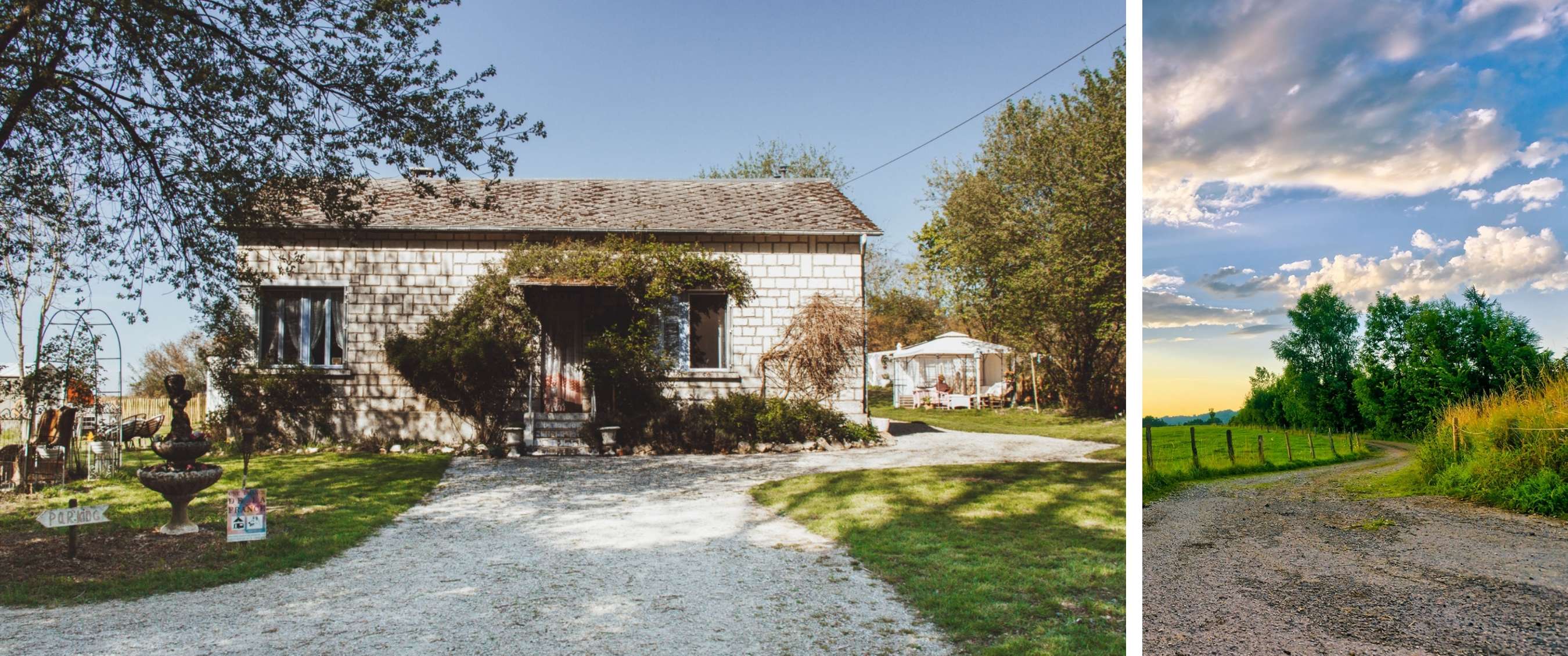 Deux images : maison rurale avec allée en gravier ; chemin non pavé le long des arbres
