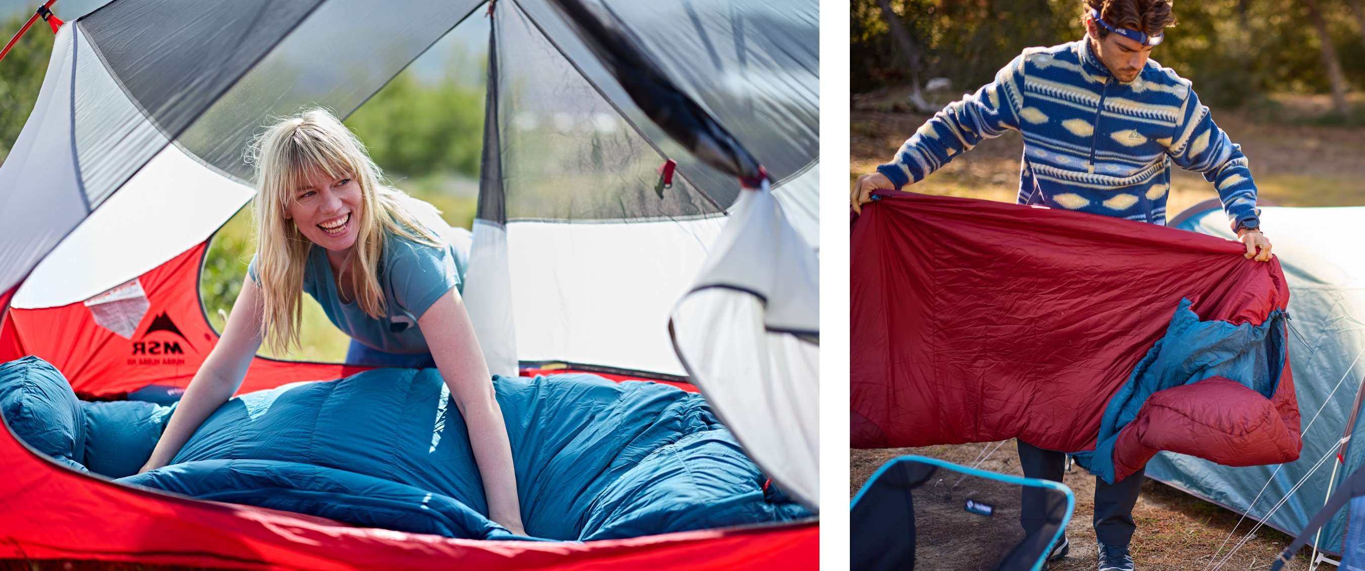Deux images : femme assise dans un sac de couchage bleu dans une tente rouge ; homme tenant un sac de couchage rouge ouvert sur un camping