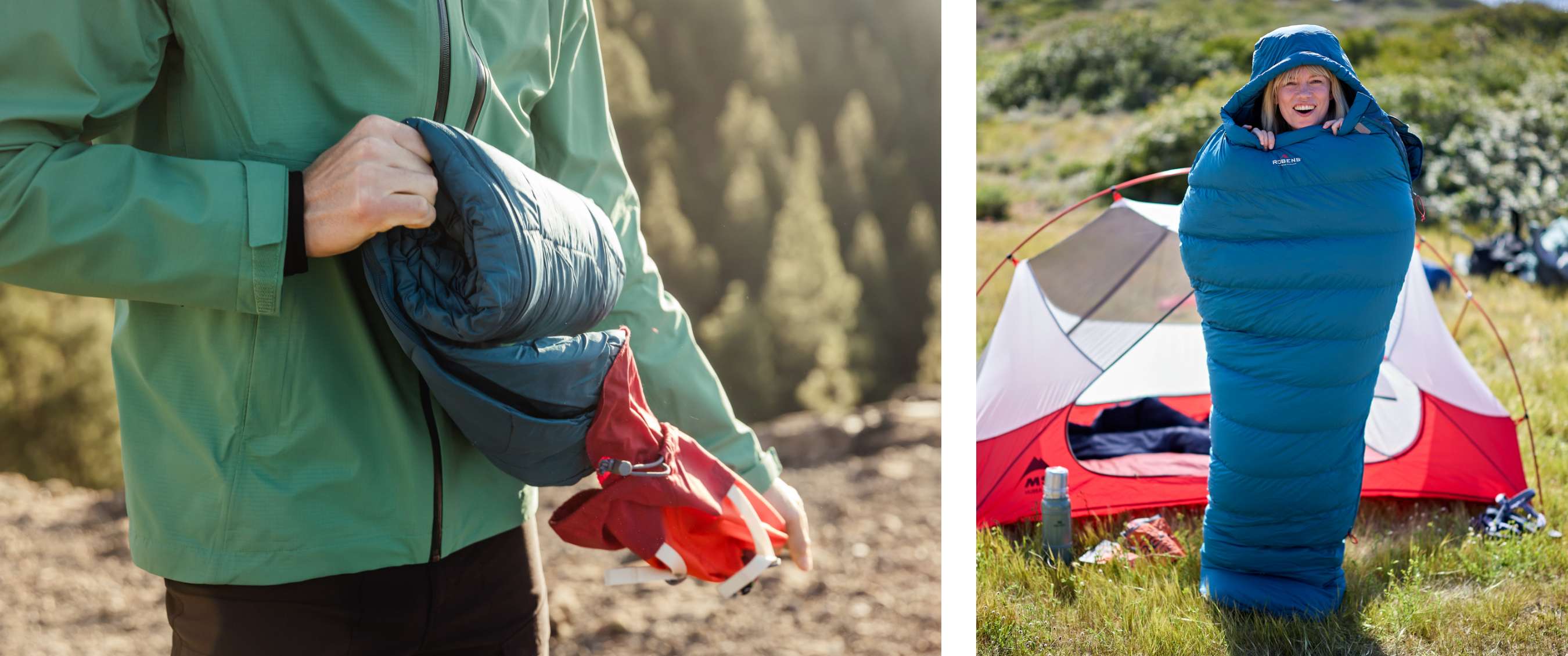 Deux images : gros plan sur un sac de couchage roulé et une toile de tente ; femme dans un sac de couchage près d’une tente rouge sur l’herbe
