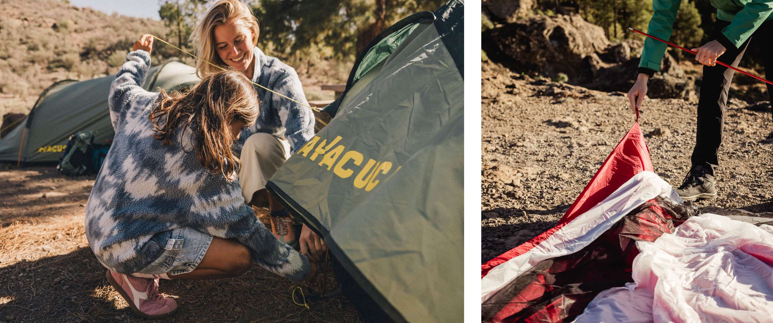 Twee beelden: vrouw en kind zetten een tent op op een camping; hand plaatst een tentstok in een rode tent