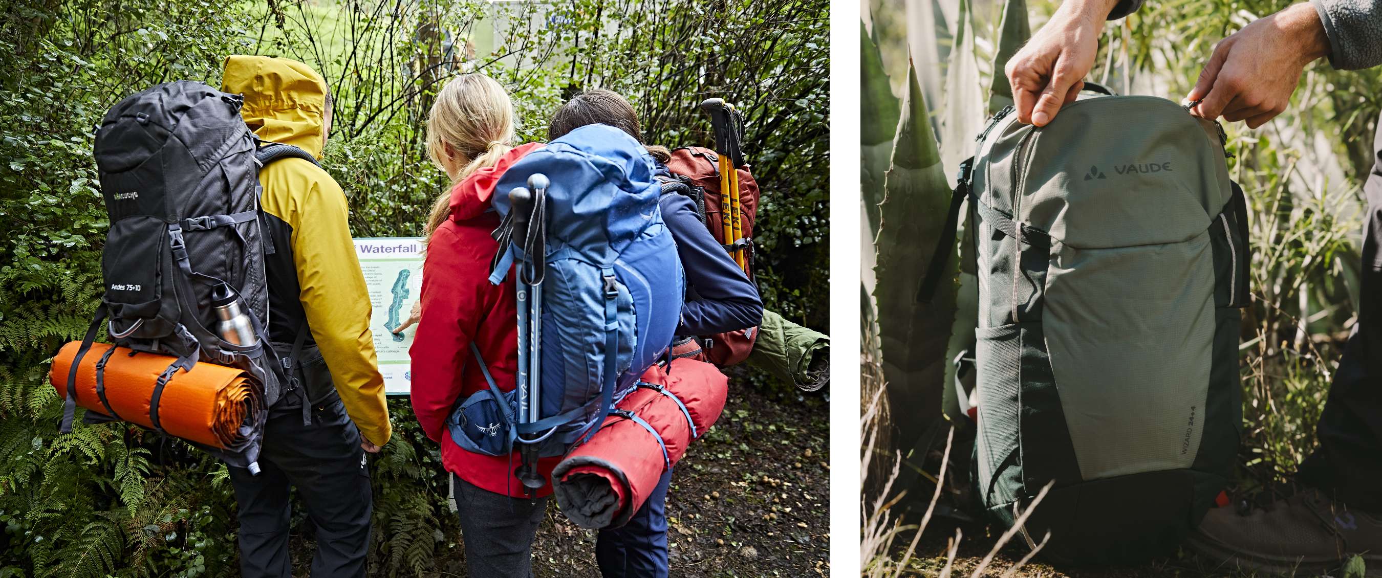 Deux images : randonneurs avec grands sacs à dos regardant un panneau d’itinéraire en forêt ; main tenant un sac à dos vert parmi les plantes.