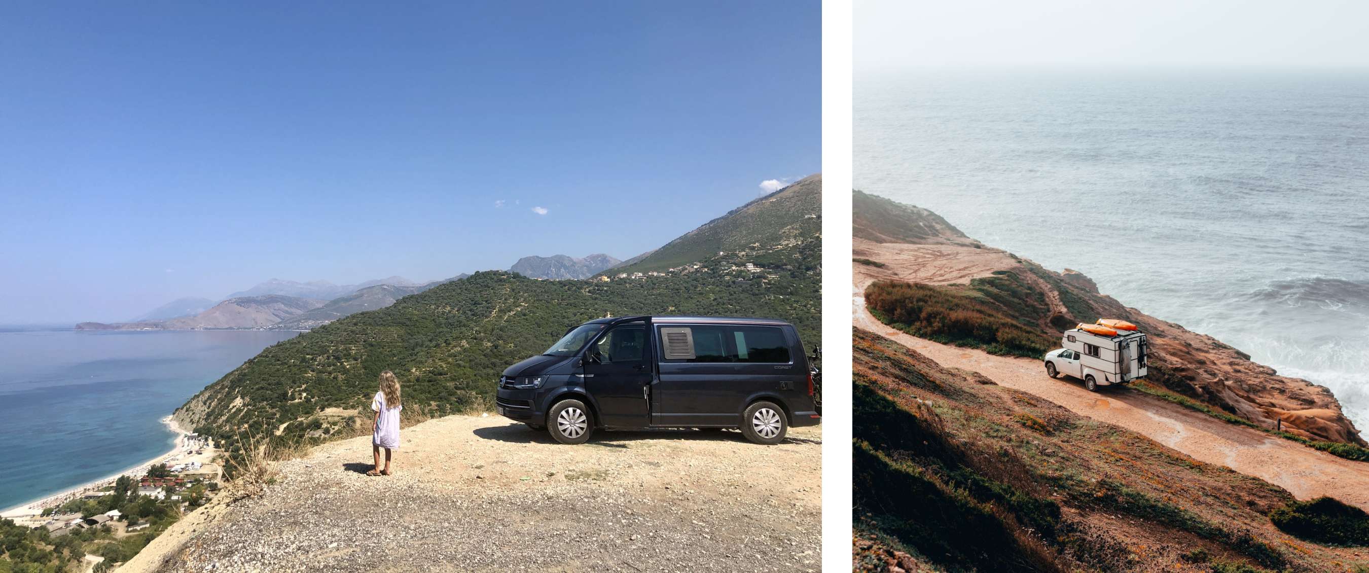 Deux images : van garé sur un point de vue en bord de mer ; petit camping-car roulant le long d’un littoral escarpé.
