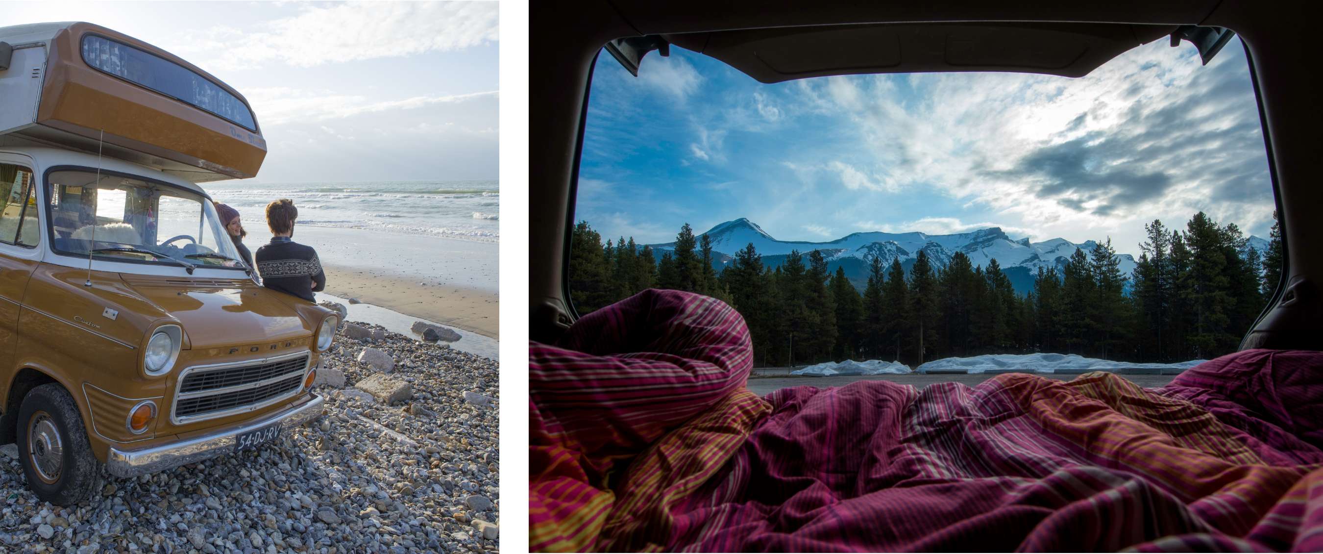 Deux images : camping-car rétro sur une plage de galets ; groupe près d’un van ouvert dans une pinède.