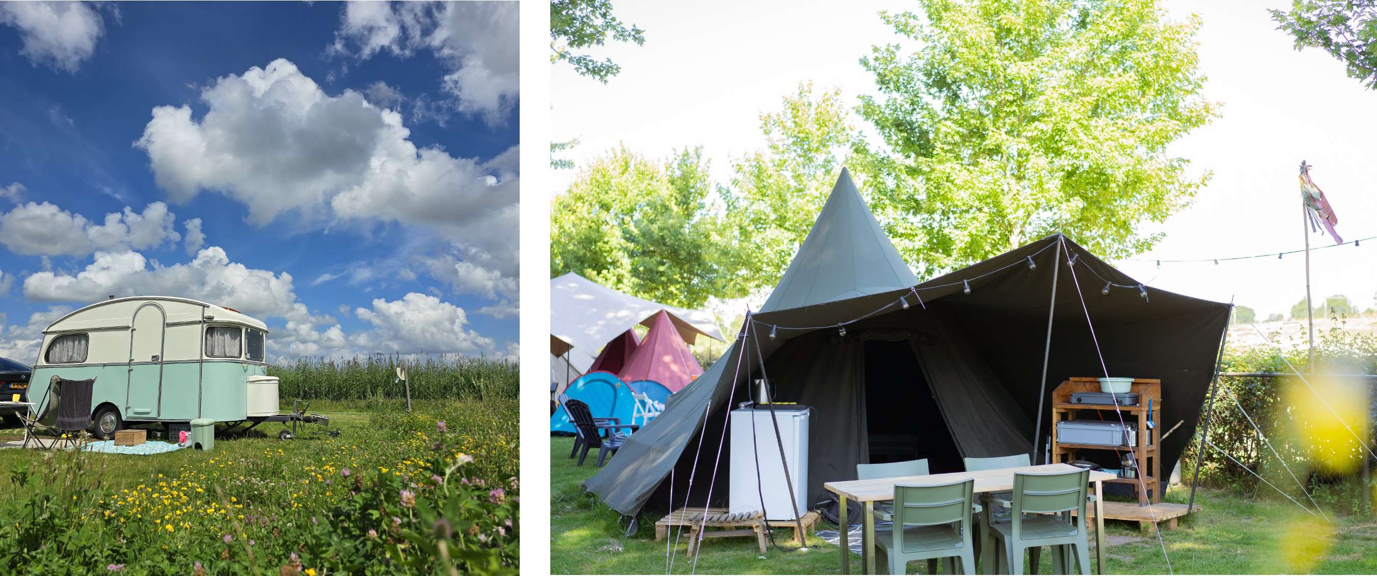 Twee beelden: vintage caravan op een camping onder wolkenlucht; glampingtent met buitenmeubilair.
