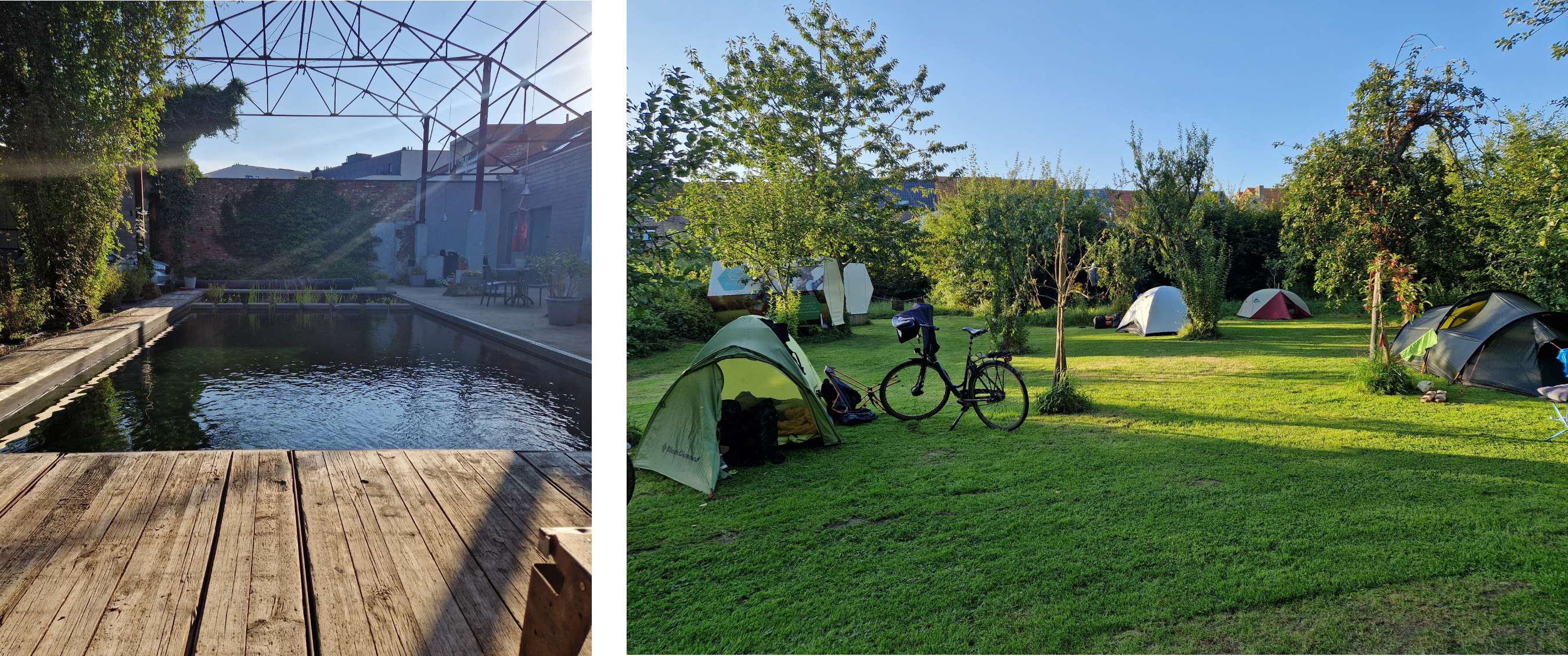 Twee beelden: stadscamping met lang zwembad in een binnentuin; groene camping met tenten en een fiets op het gras.