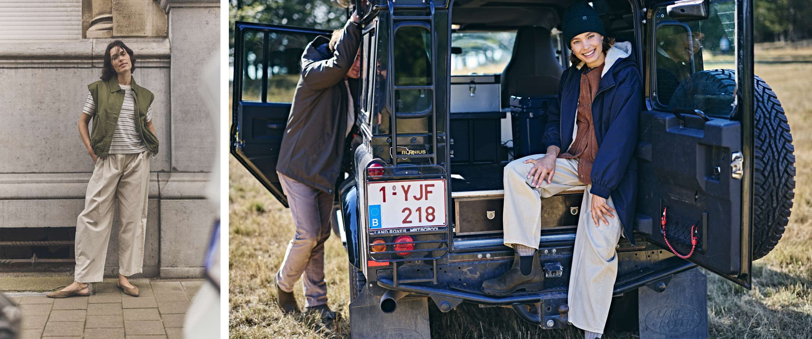 Een vrouw draagt een wijde beige broek met enkellaarzen en een blauwe jas bij een open terreinwagen.