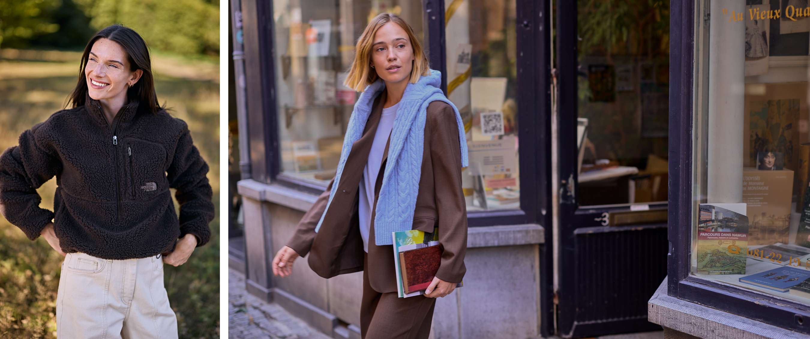 Une femme avec des livres sous le bras associe un costume marron, un haut blanc et un pull bleu clair.
