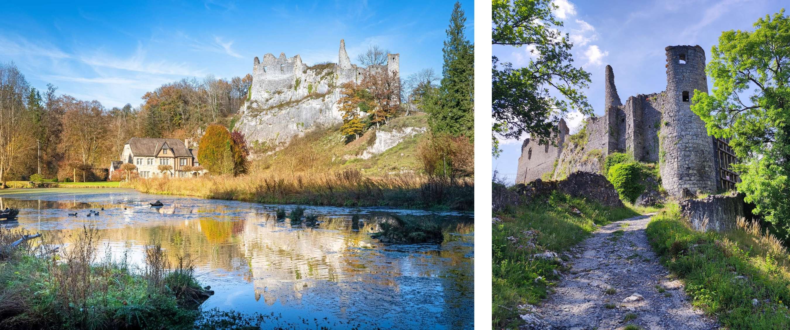 Twee beelden: kasteelruïne op een rots boven een vijver met bomen; wandelpad dat omhoog leidt langs een stenen kasteelmuur.
