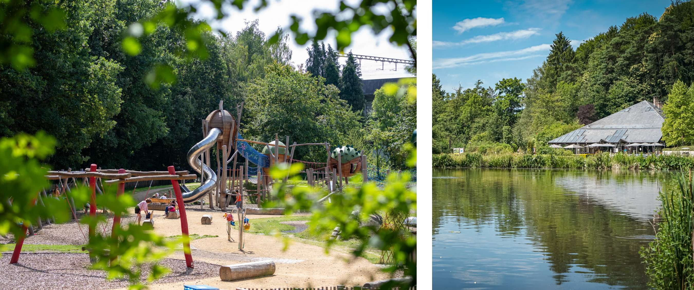 Twee beelden: buitenspeelplaats met schommels en houten structuren in het bos; rustig water met terras en gebouw omringd door bomen.