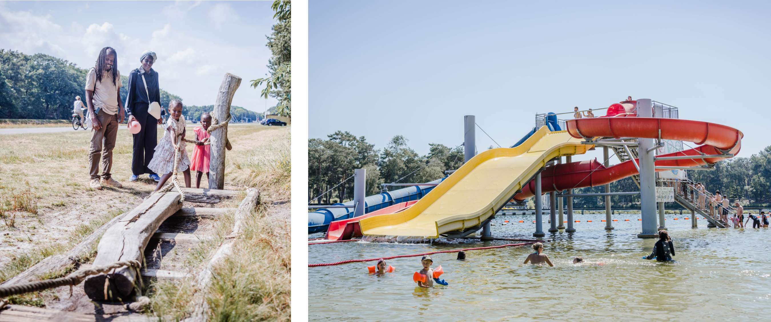 Twee beelden: kinderen en volwassenen bij een natuurlijk speeltoestel van hout en touw; zwemzone met grote glijbanen op het water en spelende kinderen.