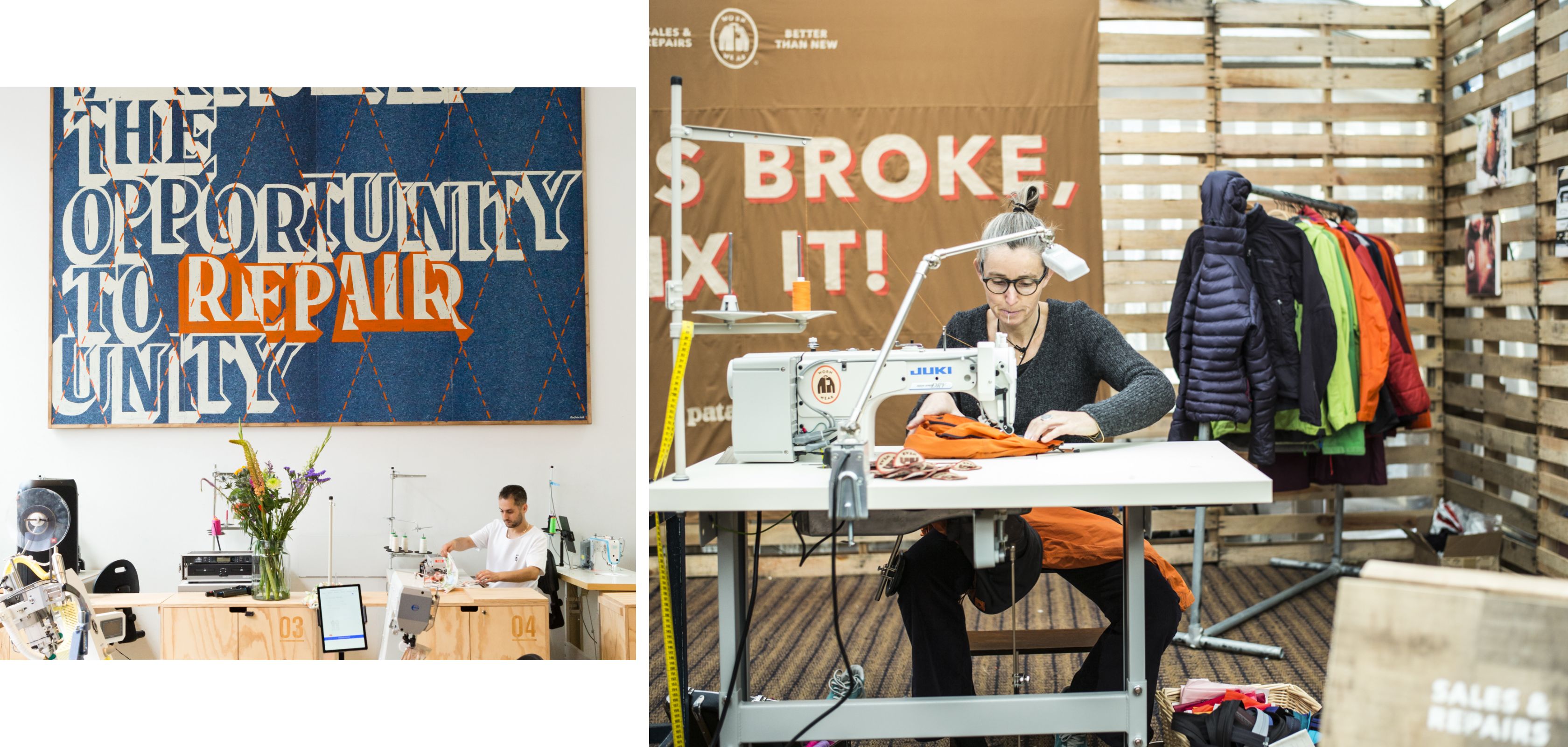 Vrouw herstelt kleding in het United Repair Centre van Patagonia