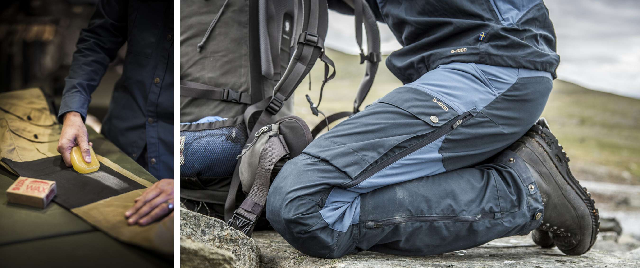 Gros plan d'un pantalon de randonnée G-1000 bleu avec poche de cuisse et zips d'aération sur une personne à genoux.